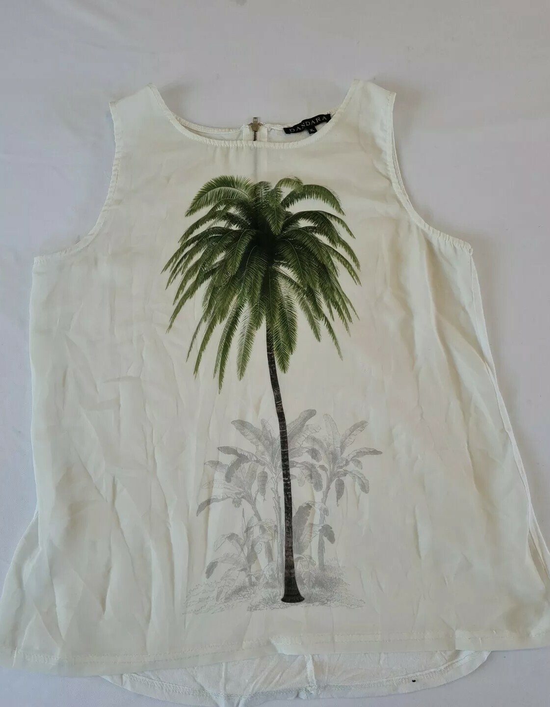 Ladies Top Blouse Dandara Size Xl Sleeveless Zip Back Ivory With Print N.o 1584