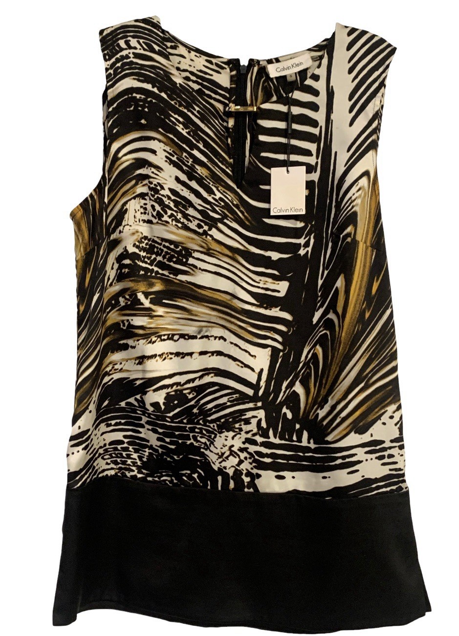 Calvin Klein Sleeveless Tunic Top Keyhole Neckline Black Honey Print NWT Size S