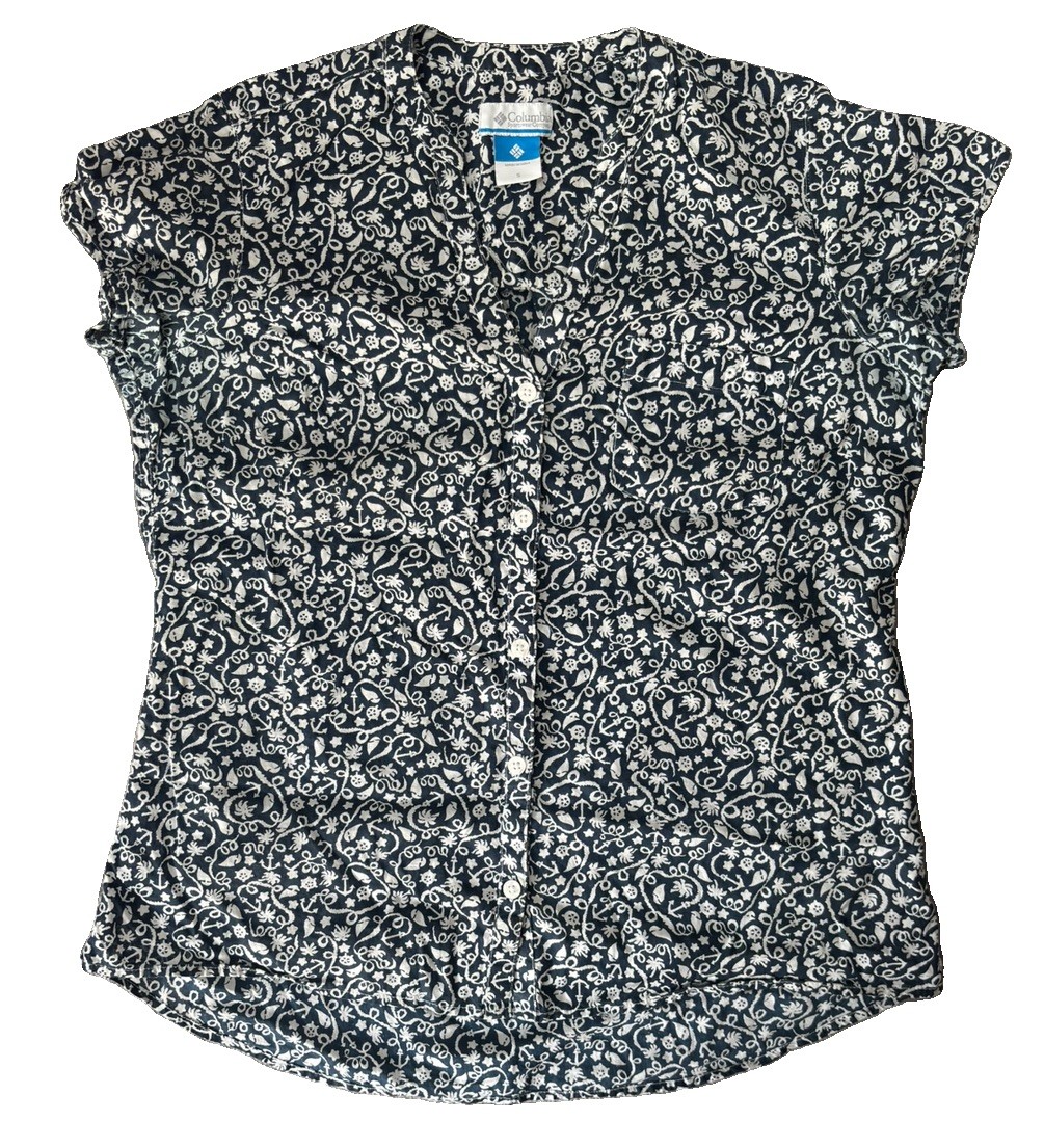 Columbia Women’s PFG Nautical Print Button Up Shirt Size S Cotton Blue White
