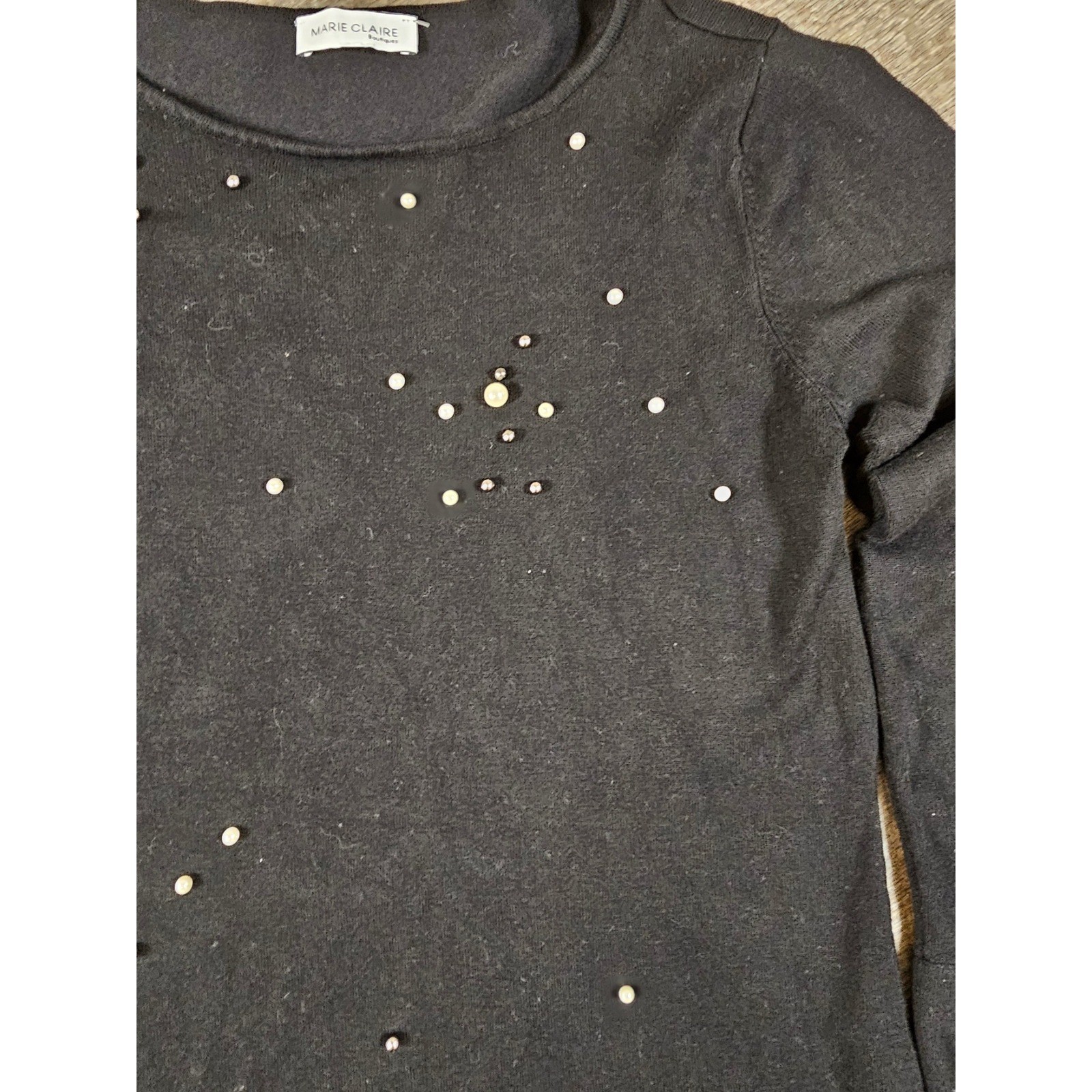 Marie Claire Boutiques Black Pearl Embellished Knit Top Tie Cuff Long Sleeve