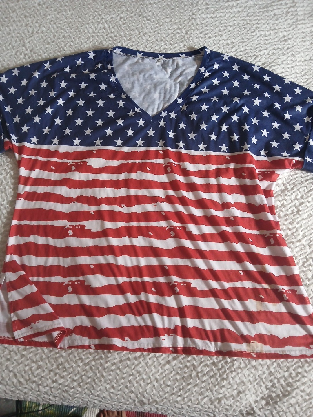 Patriotic Shirt Women Stars Stripes Flag V-Neck Top 2XL Blue Red White 4th July