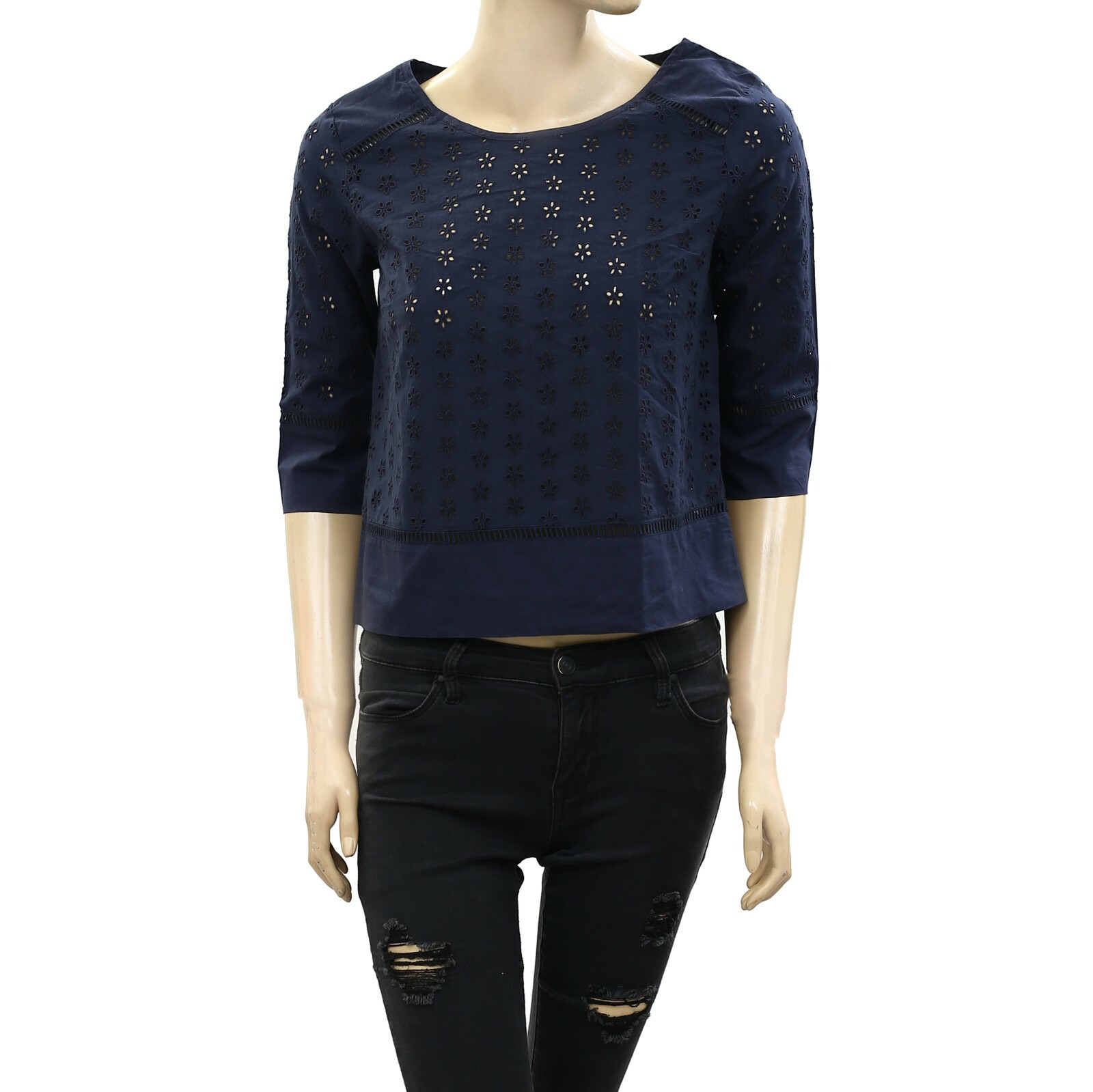 Jack Wills Floral Eyelet Embroidered Cropped Blouse Top Navy Lace XS US-2 189963