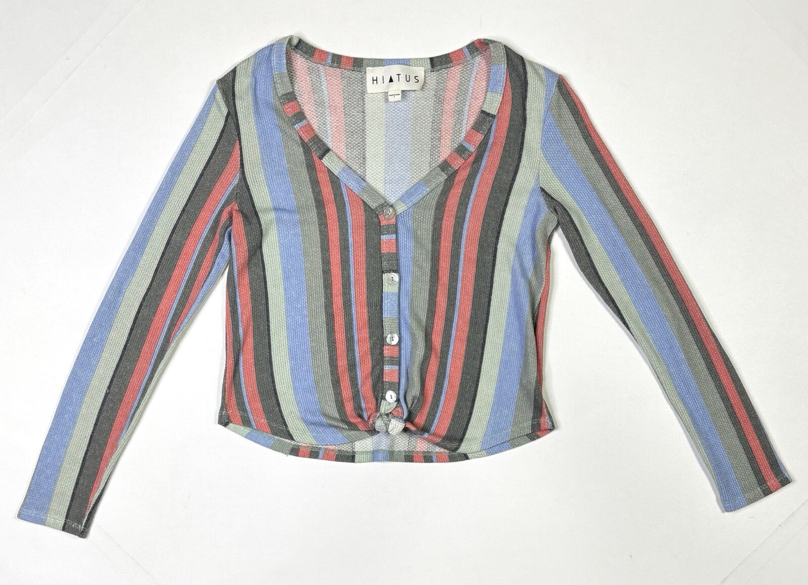 Hiatus Top Women’s Small Stripe V-neck Button Up Shirt Long Sleeve