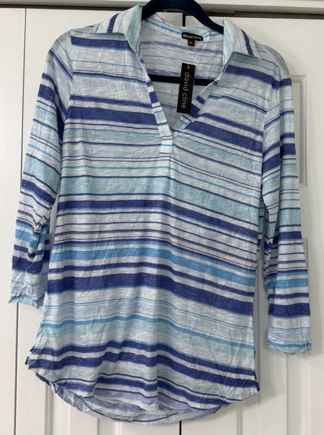 David Cline Crushed Knit Shirt L Petite Ocean Blue Stripe 3/4 Sleeve Top NWT