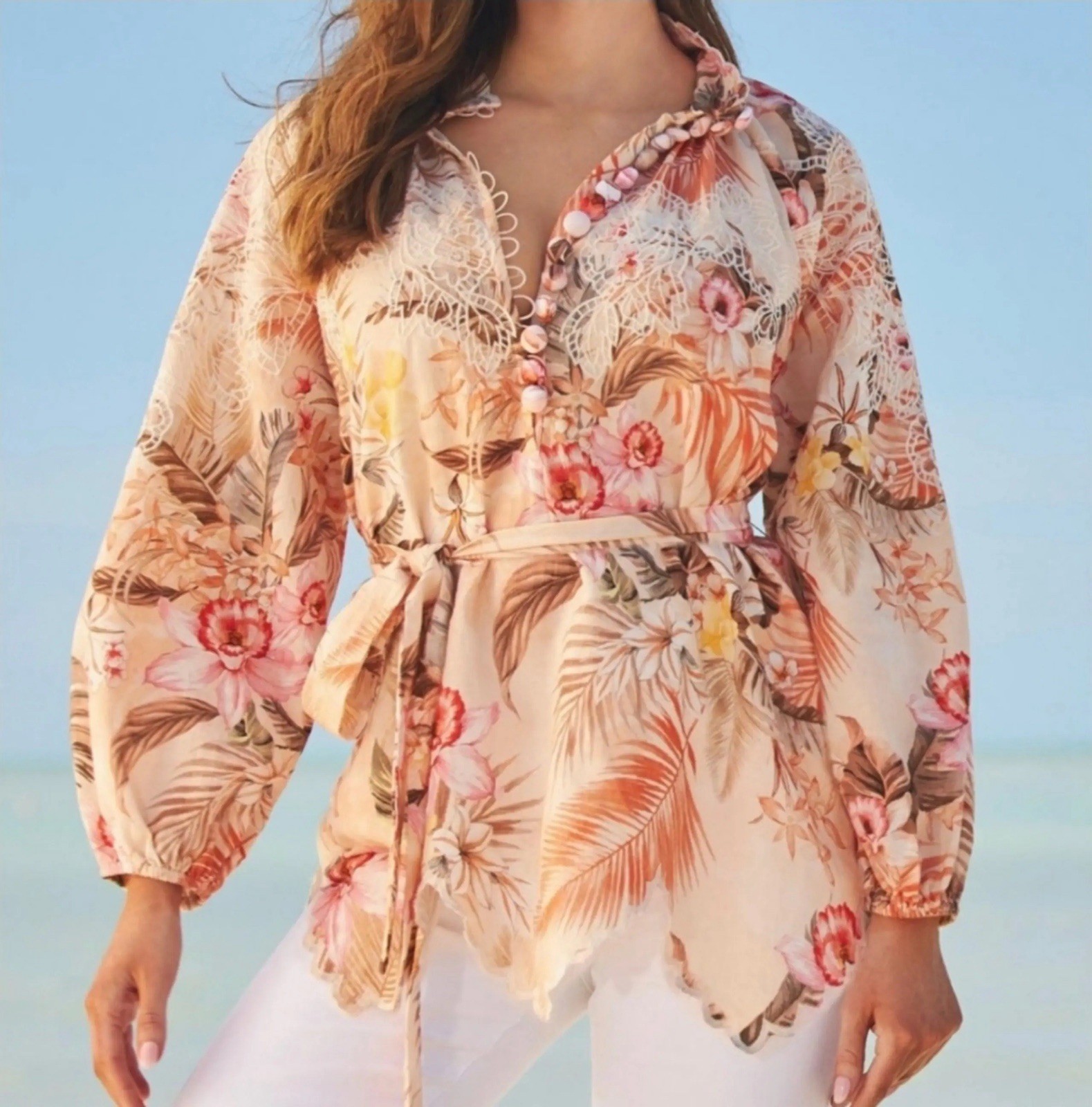Boston Proper Womens Ipanema Top Size Large Floral Embroidered Linen Blend