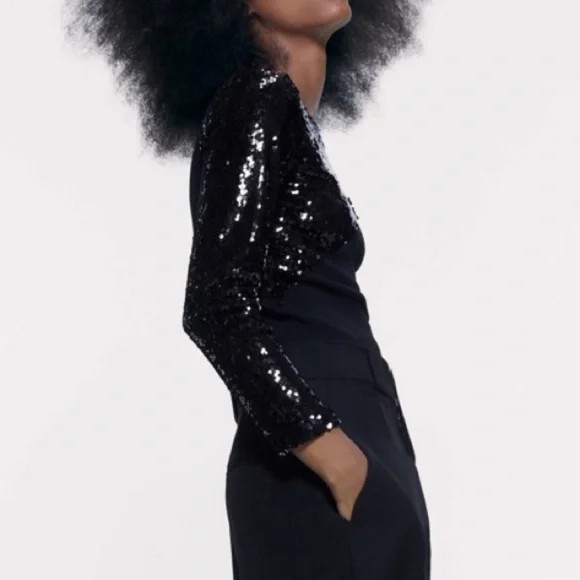 ZARA WOMEN’S SEQUINS BLACK PARTY COCKTAIL LONG SLEEVE KNIT TOP SMALL NWOT 🌸
