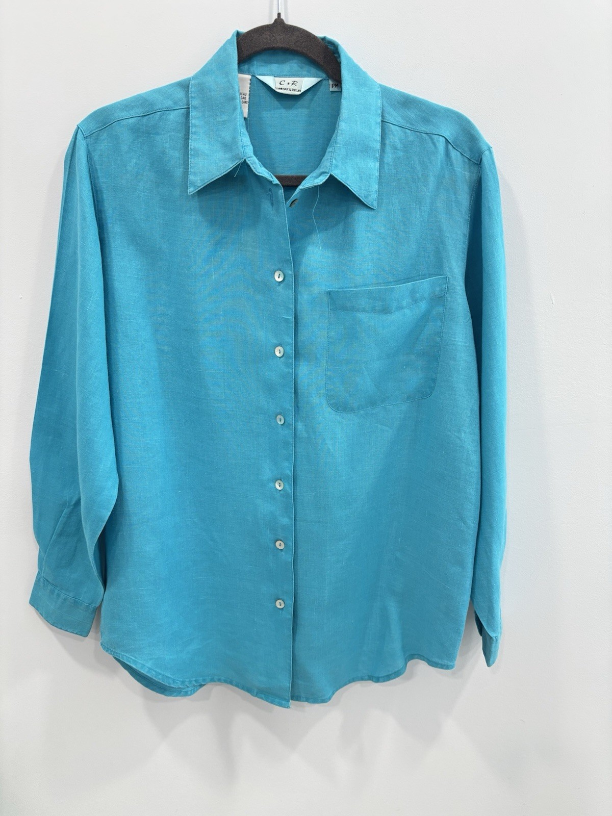 C+R Comfort Relax Women 100% Linen Button Front Shirt Petite M Teal Nautical