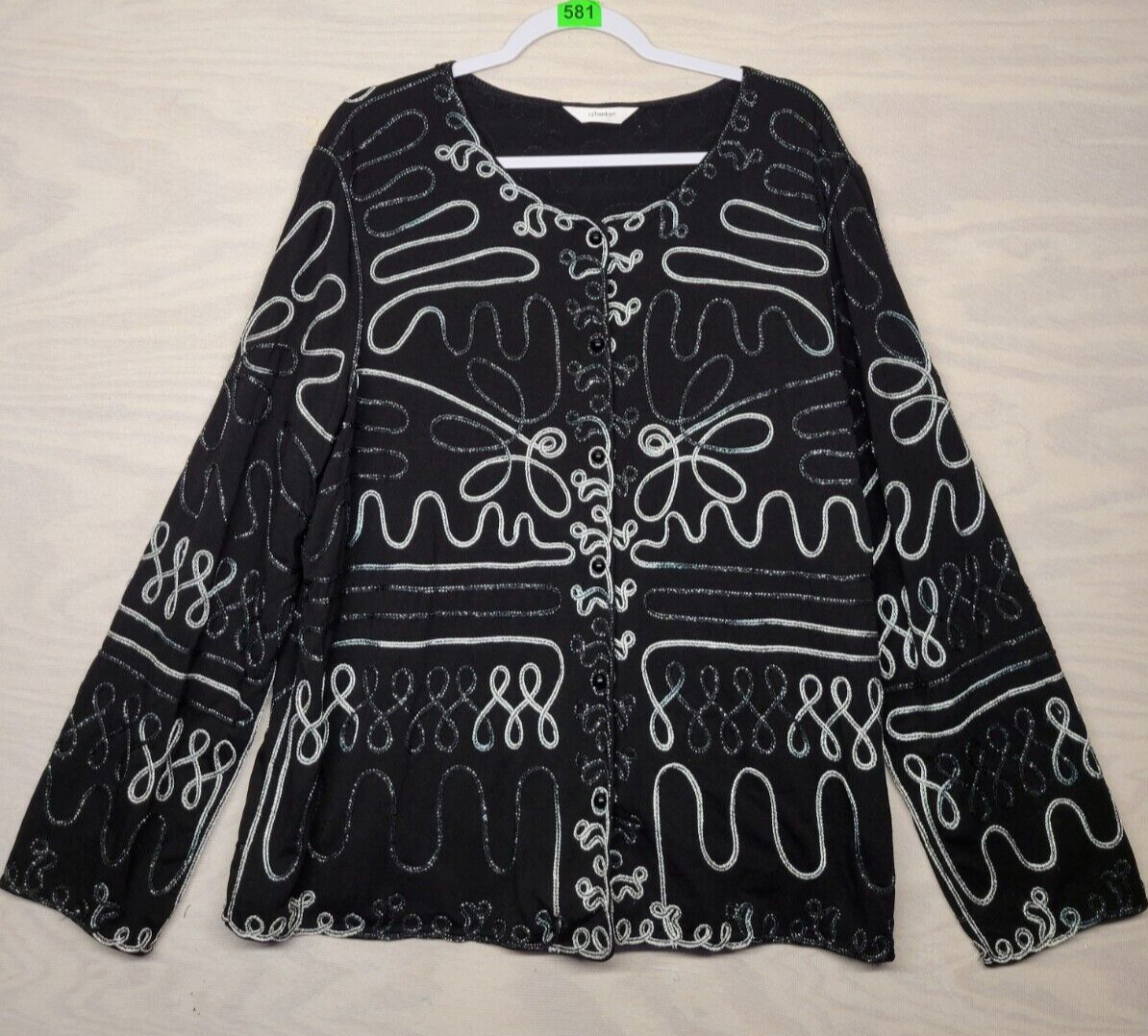 CJ BANKS Women’s SZ 2XL Blouse Button Up Ornate Art To Wear Black Stretch