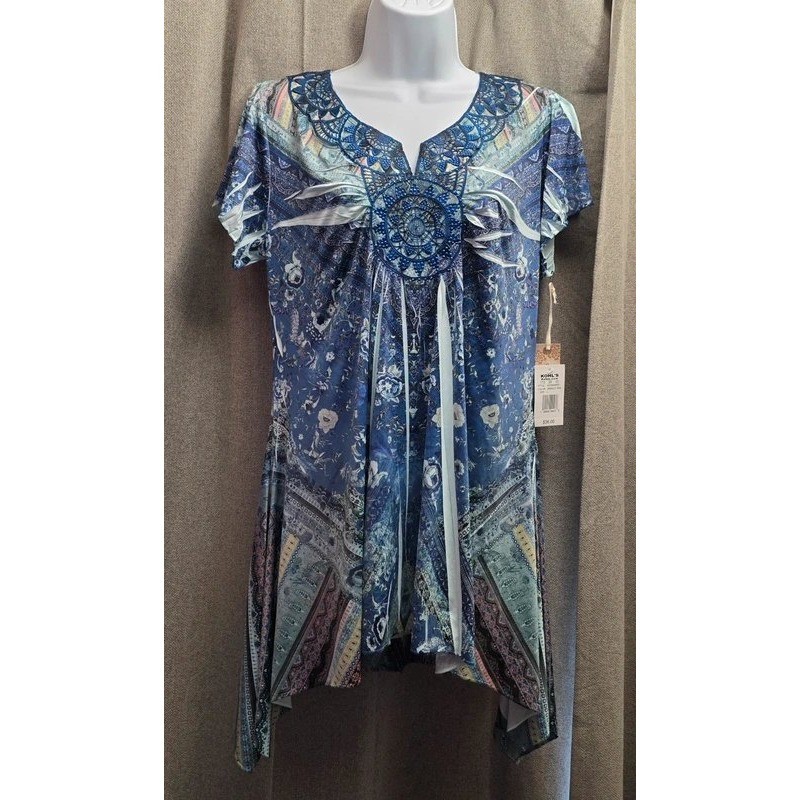 World Unity Womens Large Blue Boho Floral Medallion Sharkbite Tunic Top NWT