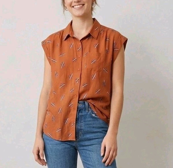 Cotton & Rye Shirt Large Cactus Print Burnt Orange Short Sleeve