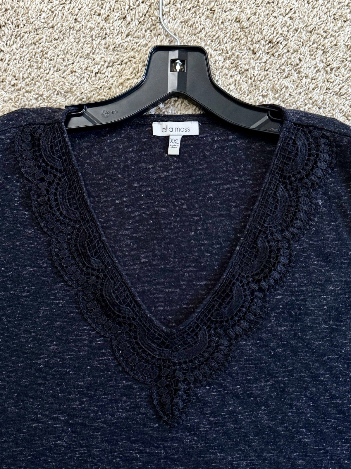 Ella Moss Women’s Size XXL Blouse Top Shirt Tee Black V-neck Lace Appliqué