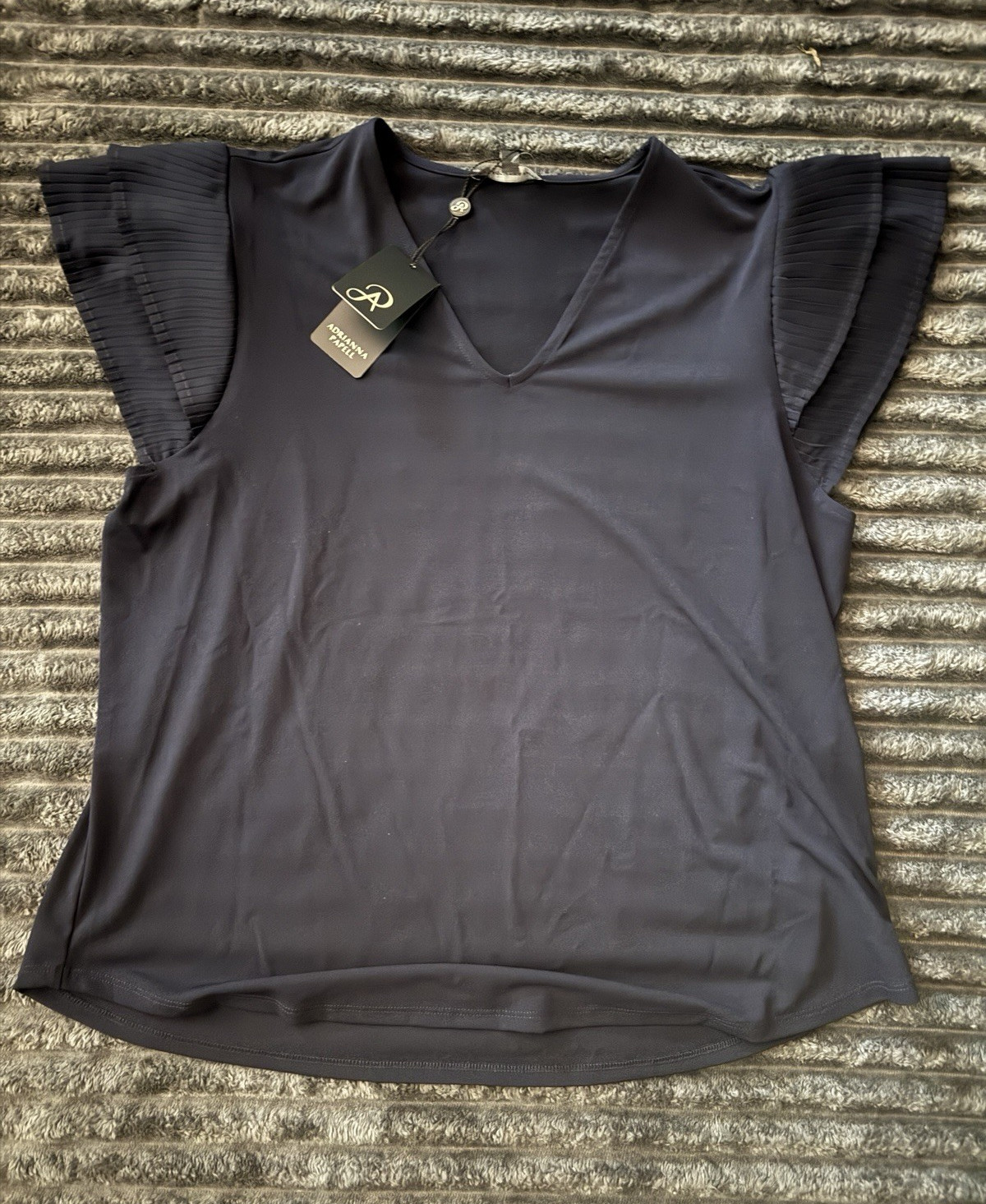 Adrianna Papell V-Neck Knit Top Pleated Flutter Short Sleeve Blue XL AD1S301697