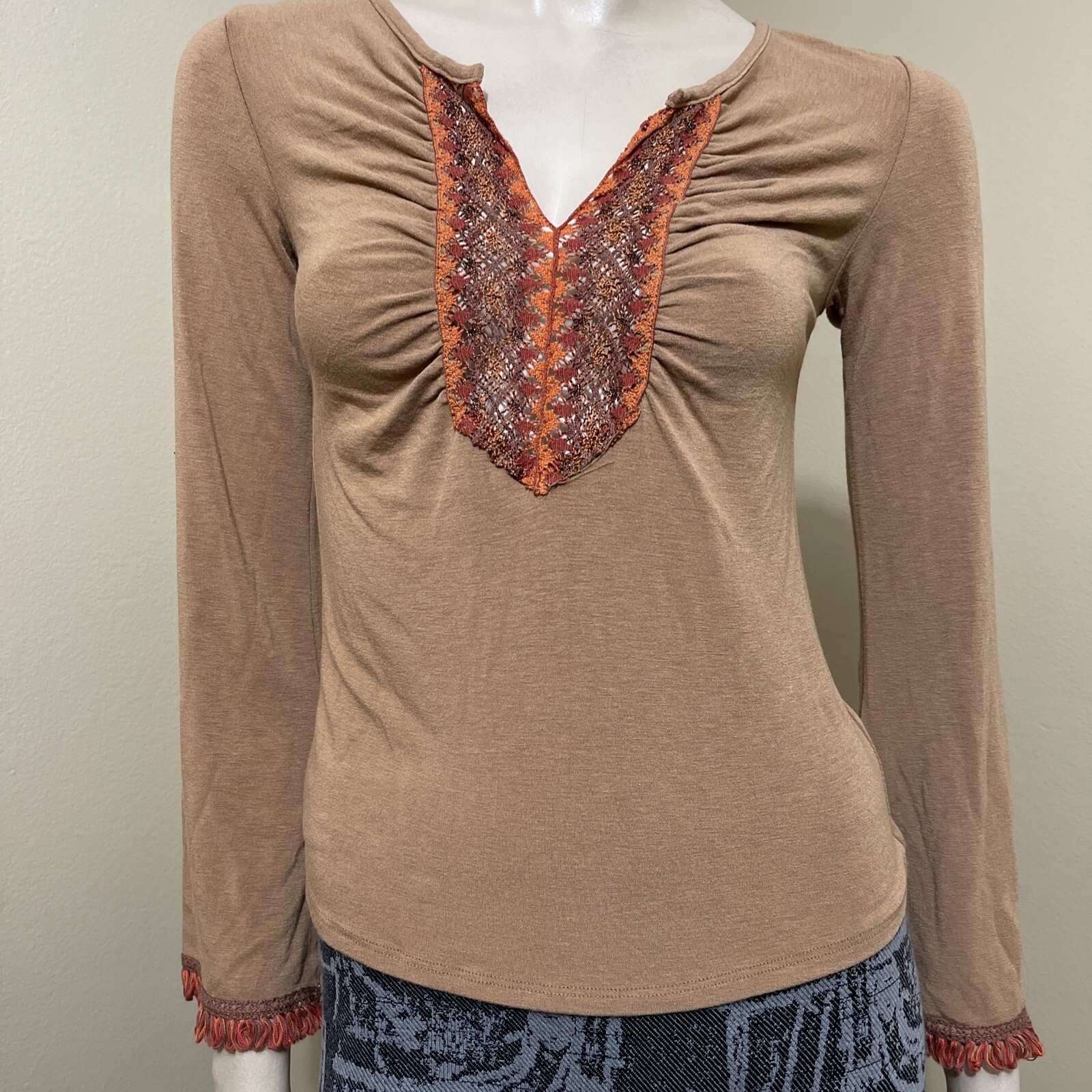 Women’s Brown Polyester Casual Stretch Slim Lace Slit Sleeve Size S Blouse Top