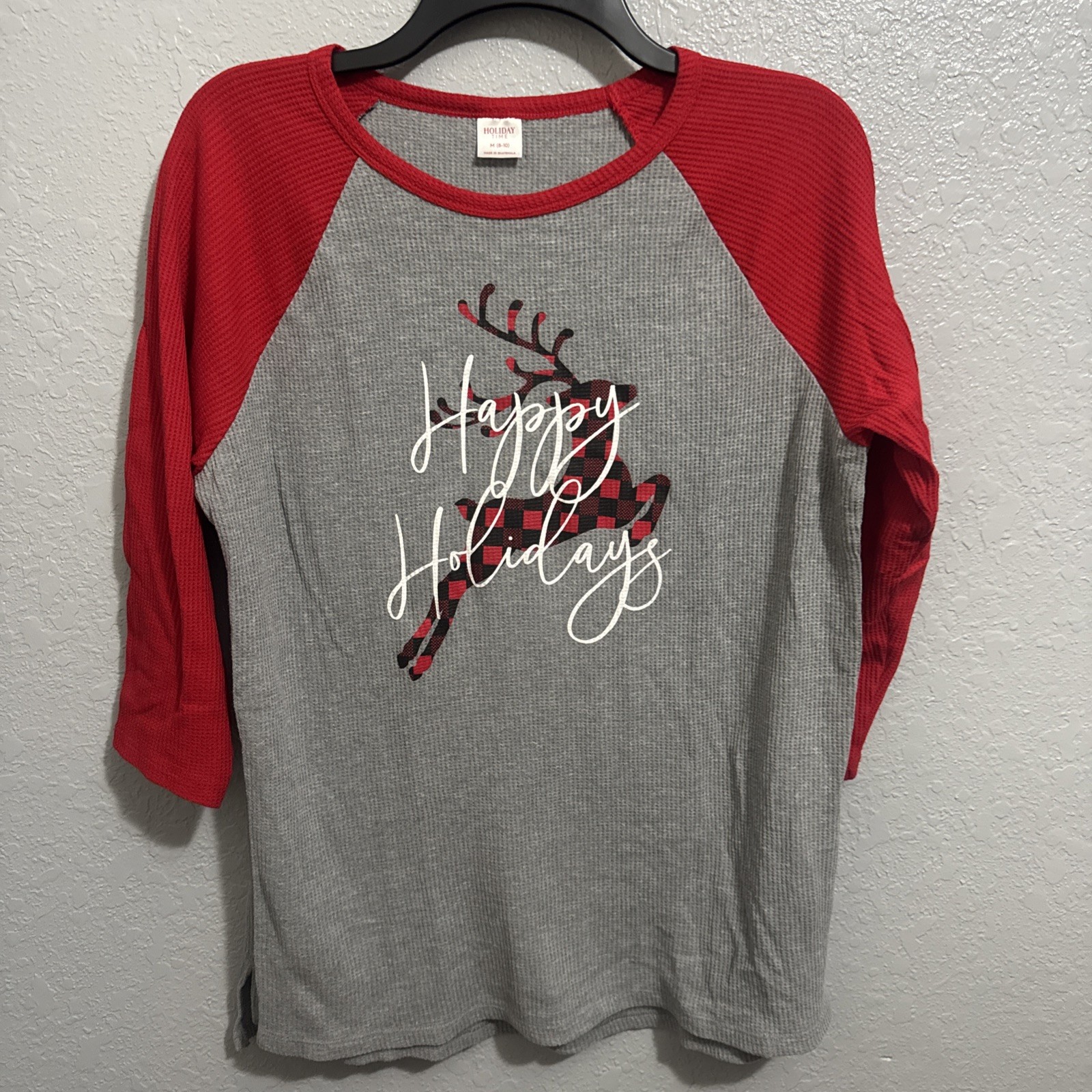Holiday Time Womens M 8-10 Red Gray Happy Holidays Graphic Thermal Waffle Top