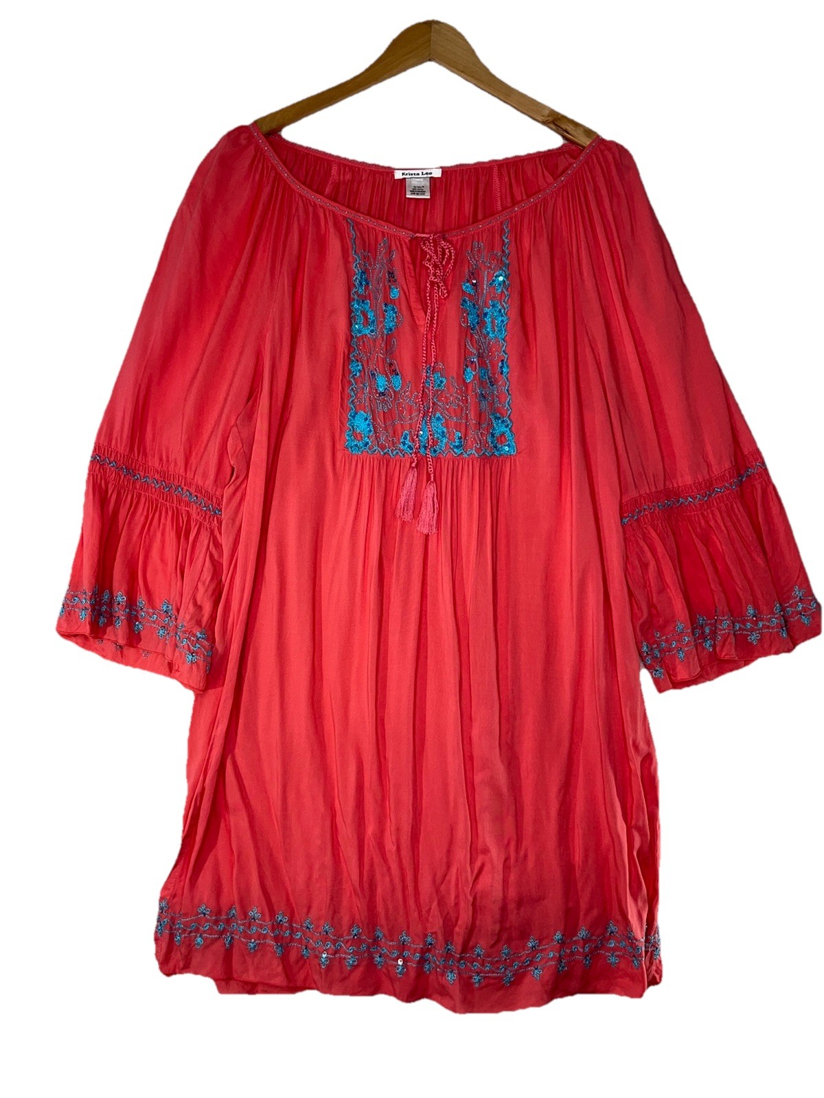 Krista Lee Embroidered Tunic Top XL Beaded Tassels Orange Off The Shoulder