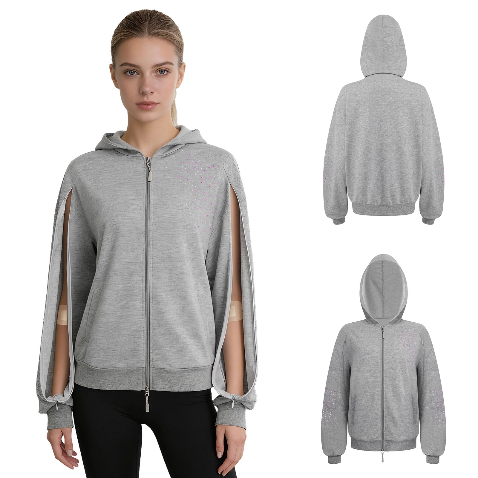 Women Arm Zipper Dialysis Hoodie Full-zip Casual Hooded Sweatshirt With Pockets