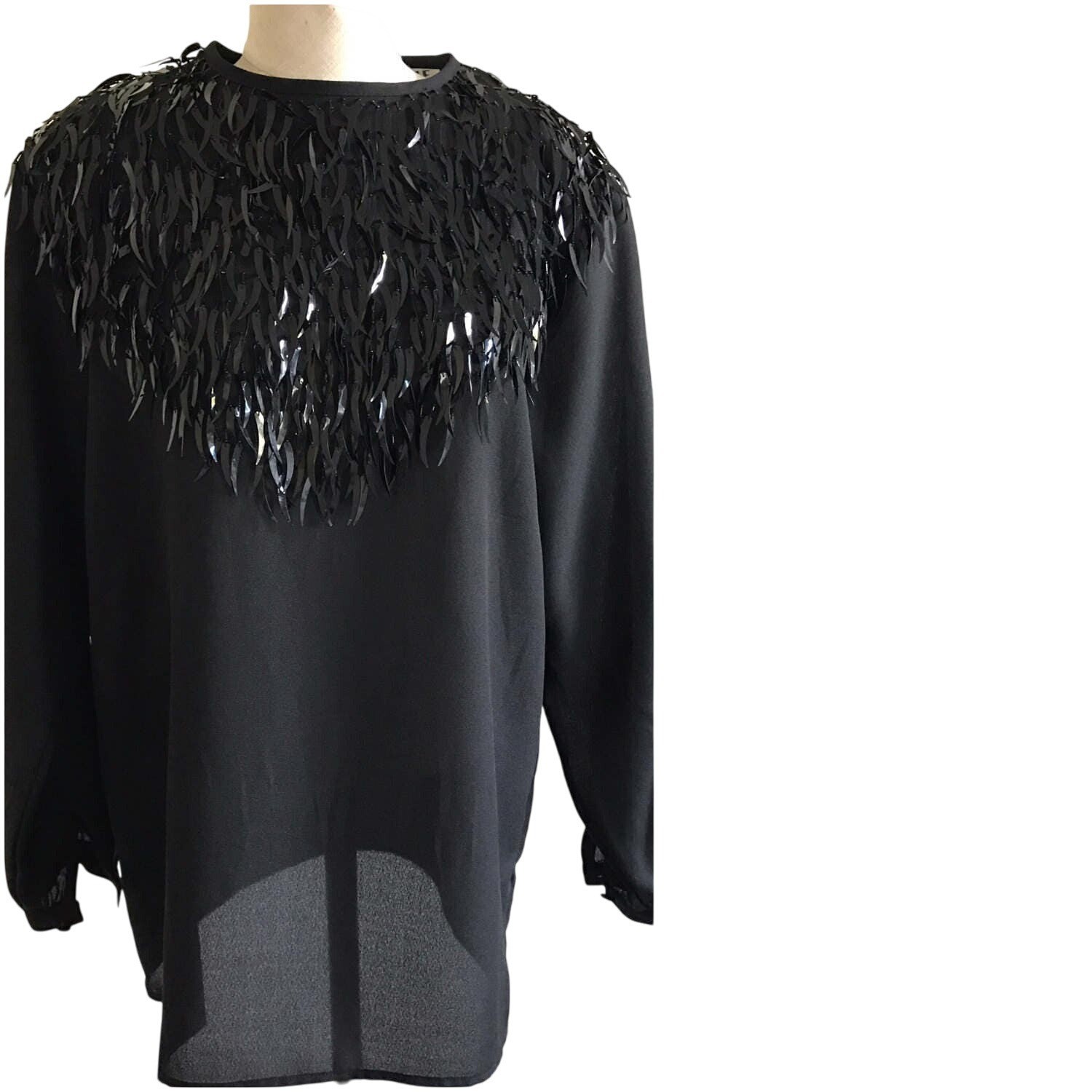Black Long-Sleeve Fringe Top Medium With Sequin Detailing & Sheer Hem