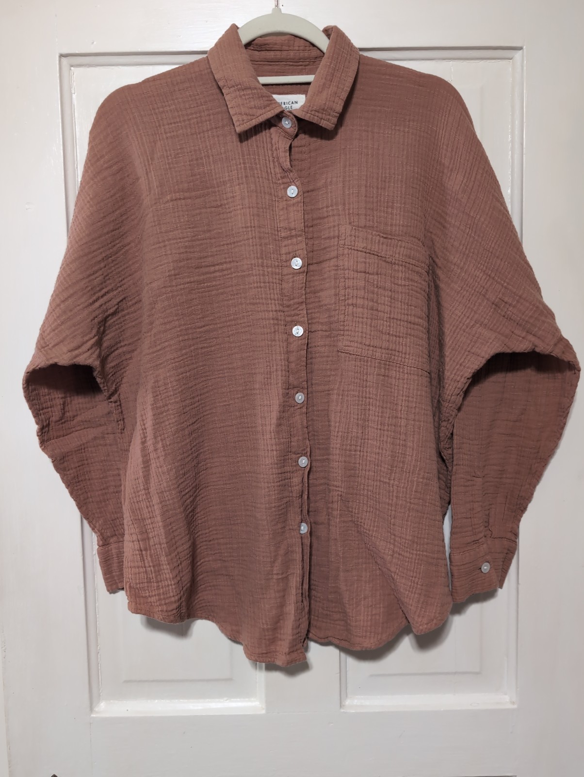 American Eagle Brown Button Up Gauzy Boxy Lagenlook Shirt Womens S(1456)C