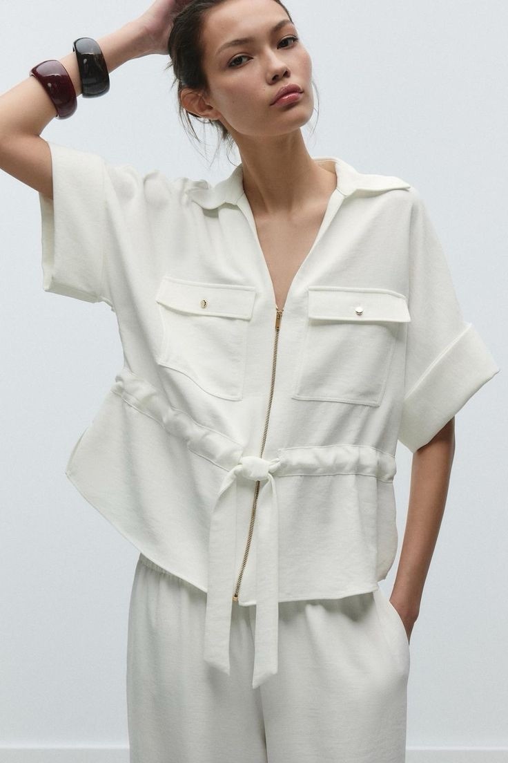 Zara Size Small White Zip Up Utility Shirt Tie Waist Cargo Pockets Short Sleeve