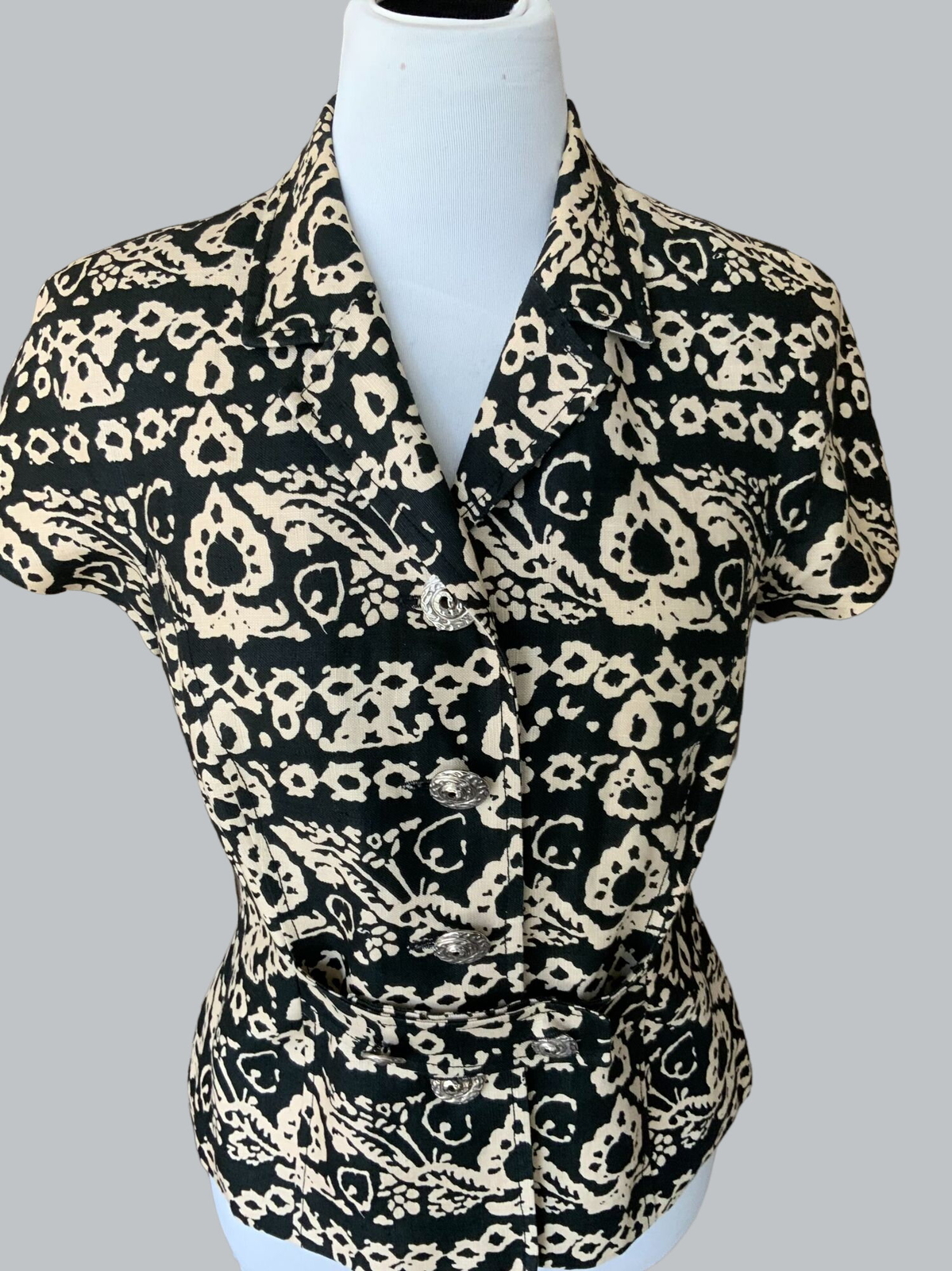 RICKIE FREEMAN FOR TERRI JON LADIES SS VNECK ALL LINEN BLACK BLOUSE SHIRT EUC 4