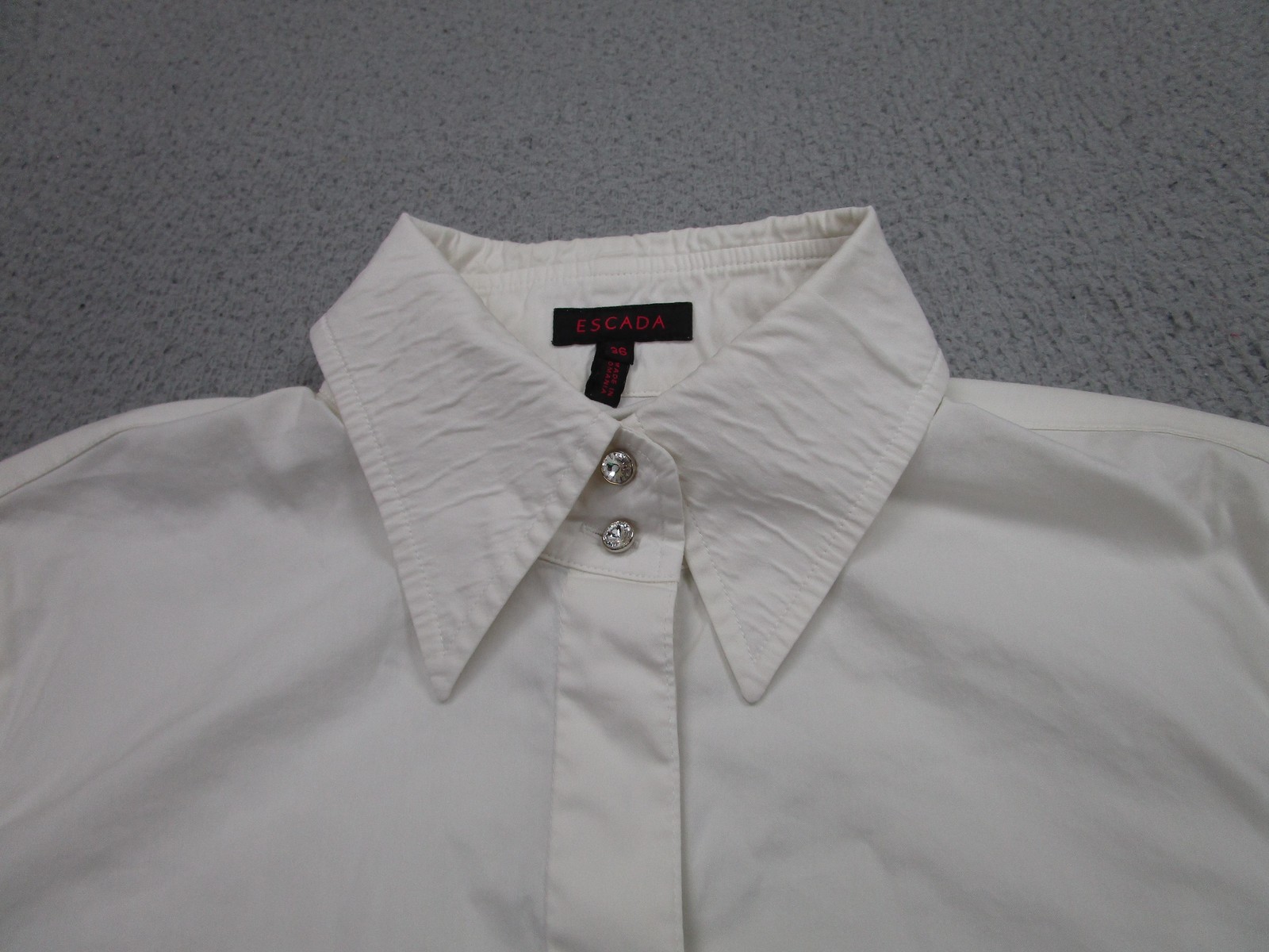 Escada Blouse Womens 36 White Stretch Button Front Rhinestone Cuffs Slim Fit