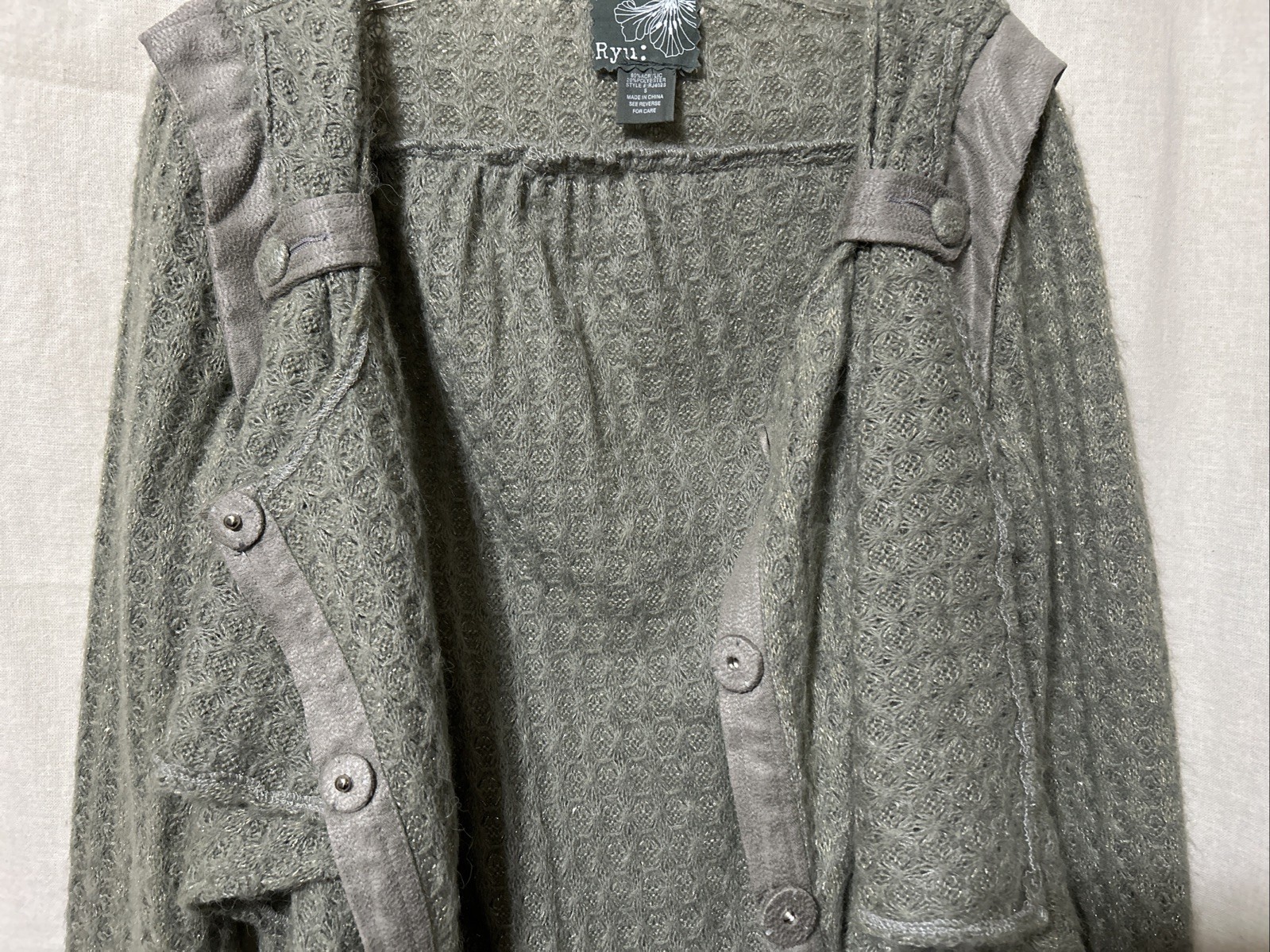 RYU Gray Glitter Cardigan Sweater Ruffle Button Front Belted Pockets Womens S