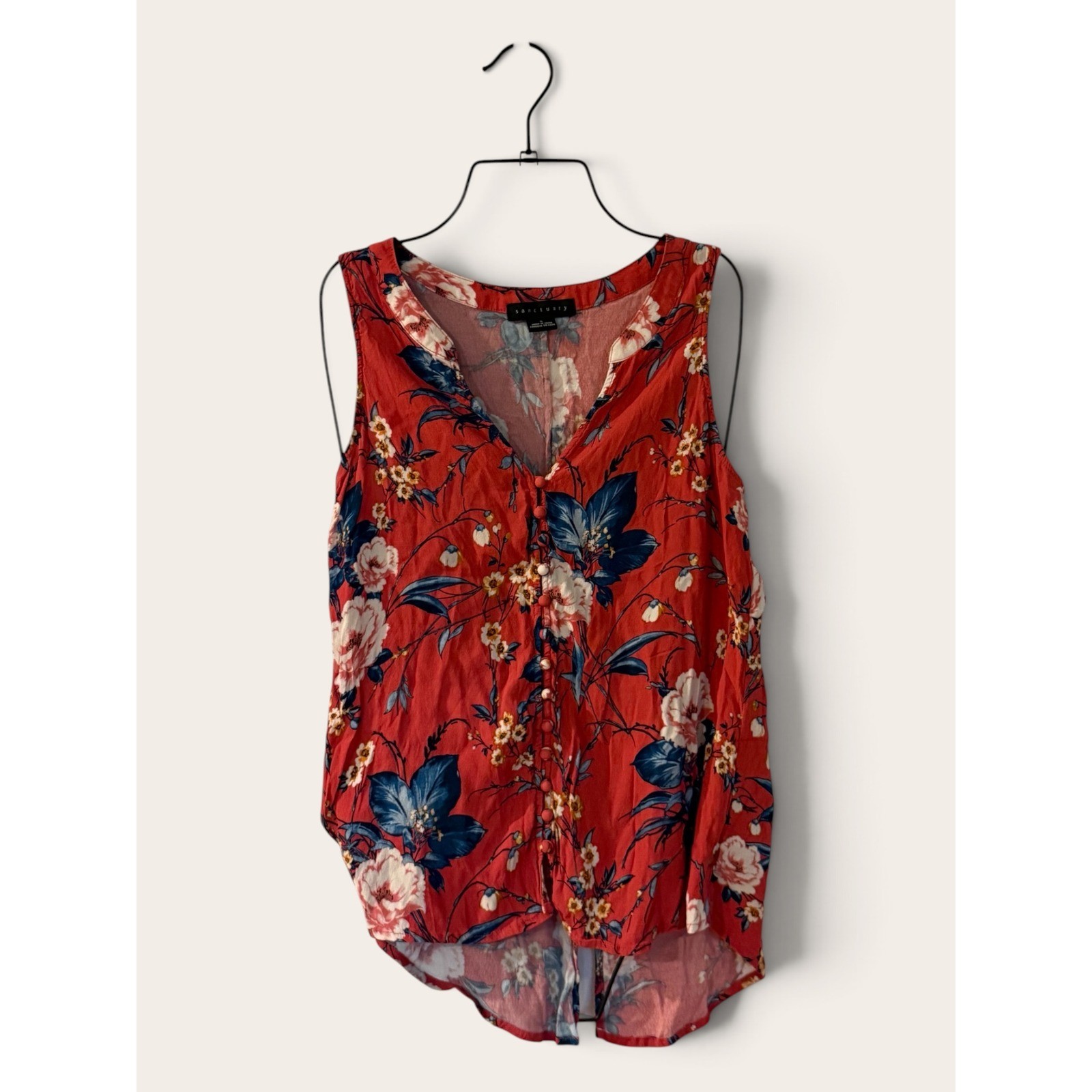 Sanctuary Floral Sleeveless Blouse Red Button Down Split Back Top Small