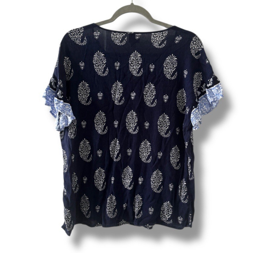 Como Vintage Navy Blue Boho Ruffle Sleeve V-Neck Blouse Women’s Size Large Hippy