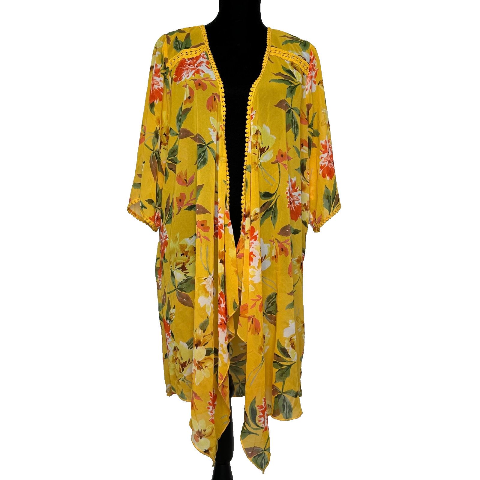 Emory Park Yellow Floral Kimono Women Sz L Lace Trim Beach Cover Up Bloomcore