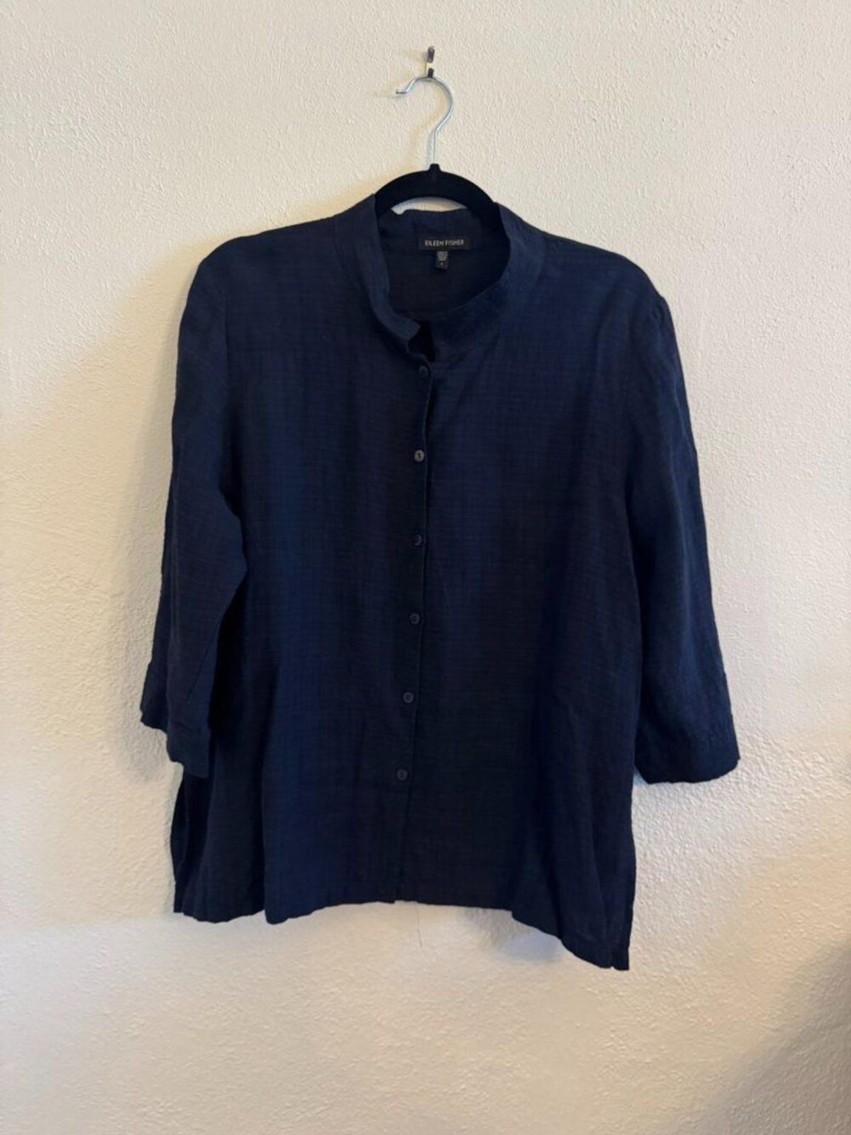 Eileen Fisher Navy Linen Blend Mandarin Collar Shirt | Size Large