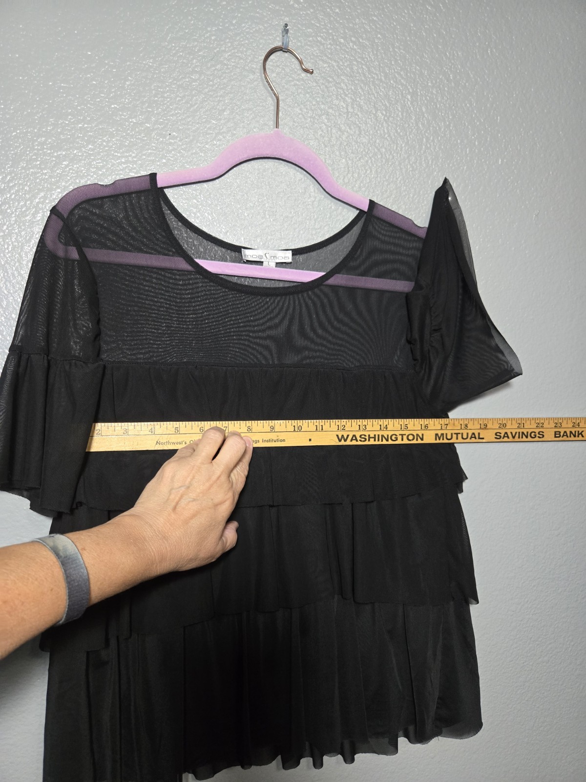 Sheer L Black Tiered Ruffle Top Flowy Lined Sheer Cape Sleeve