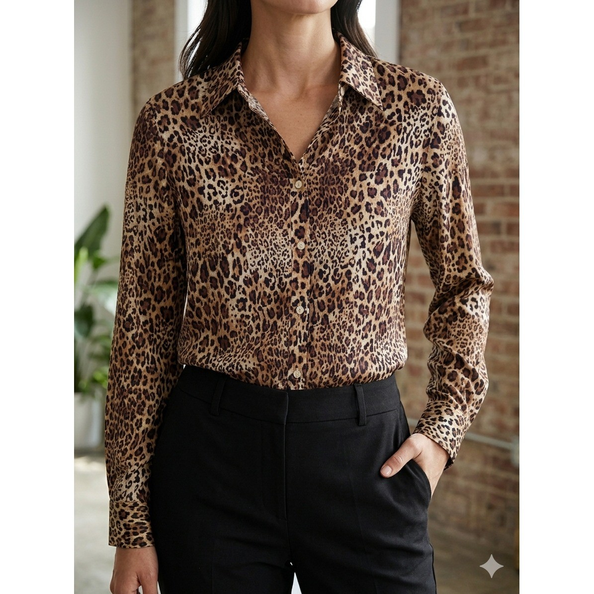 Chaps Women Leopard Print No Iron Button Down Shirt Long Sleeve Cotton Brown M