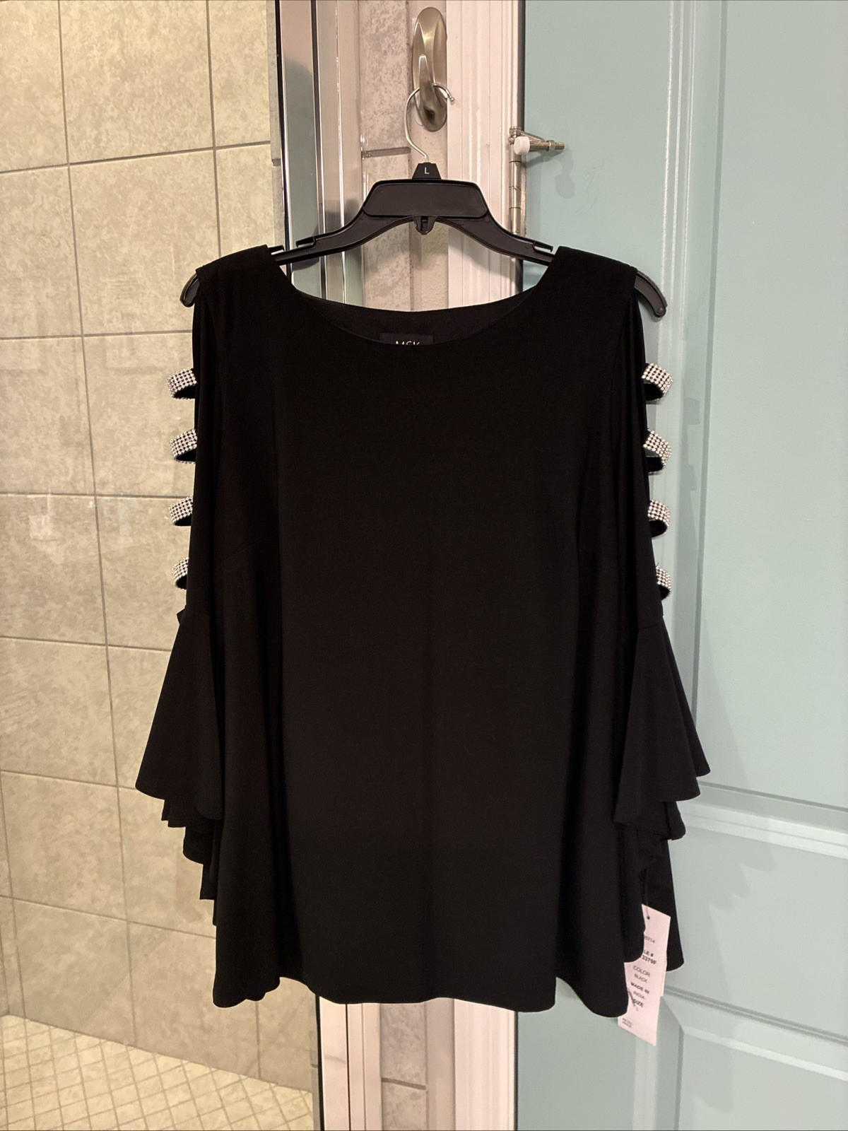 MSK Womens Ladder Trim Bell Sleeve Top Black Size XL NEW!