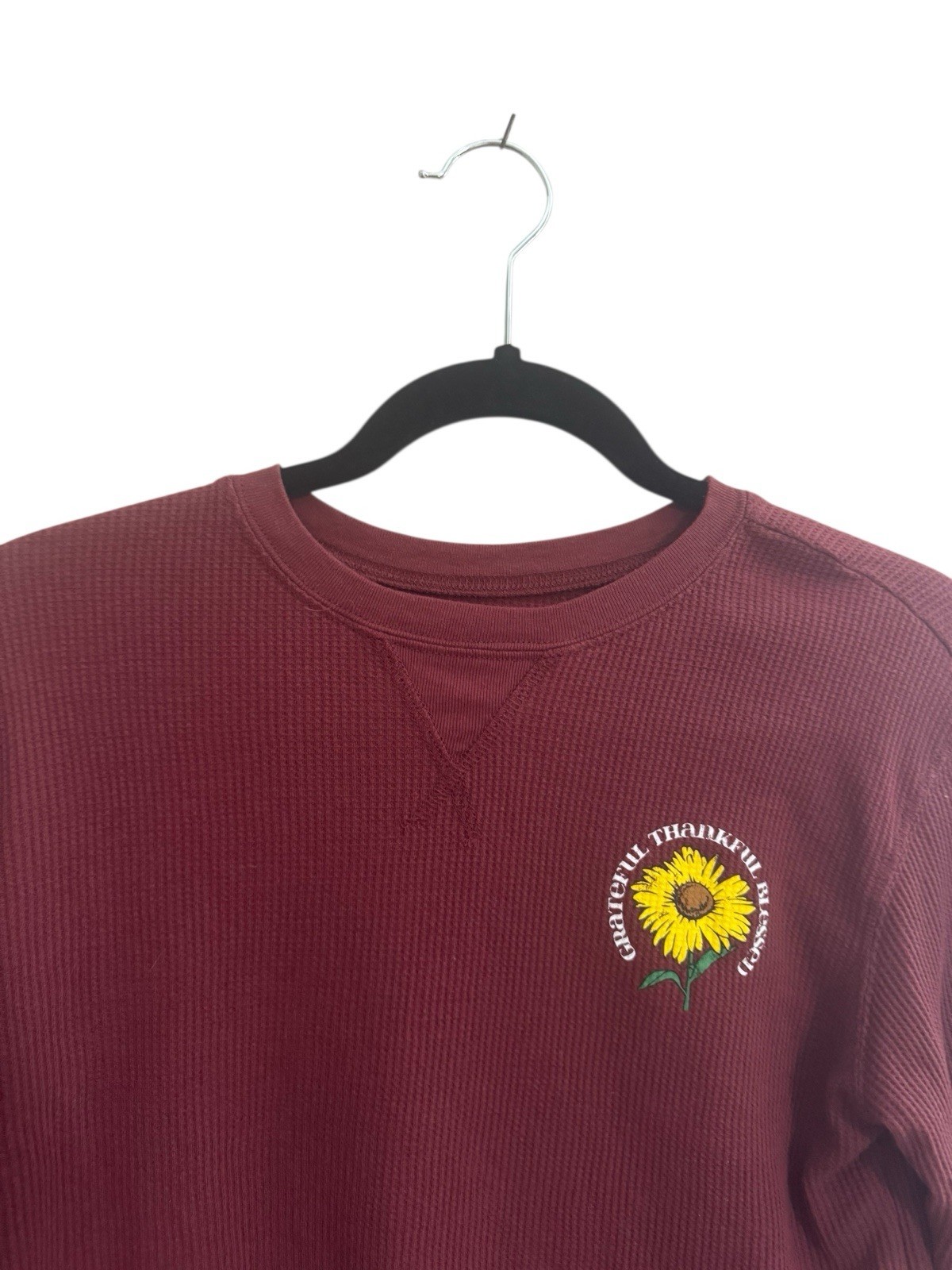 LOVE TRIBE Juniors XS Thankful Blessed Sunflower Waffle Top Burgundy #4796