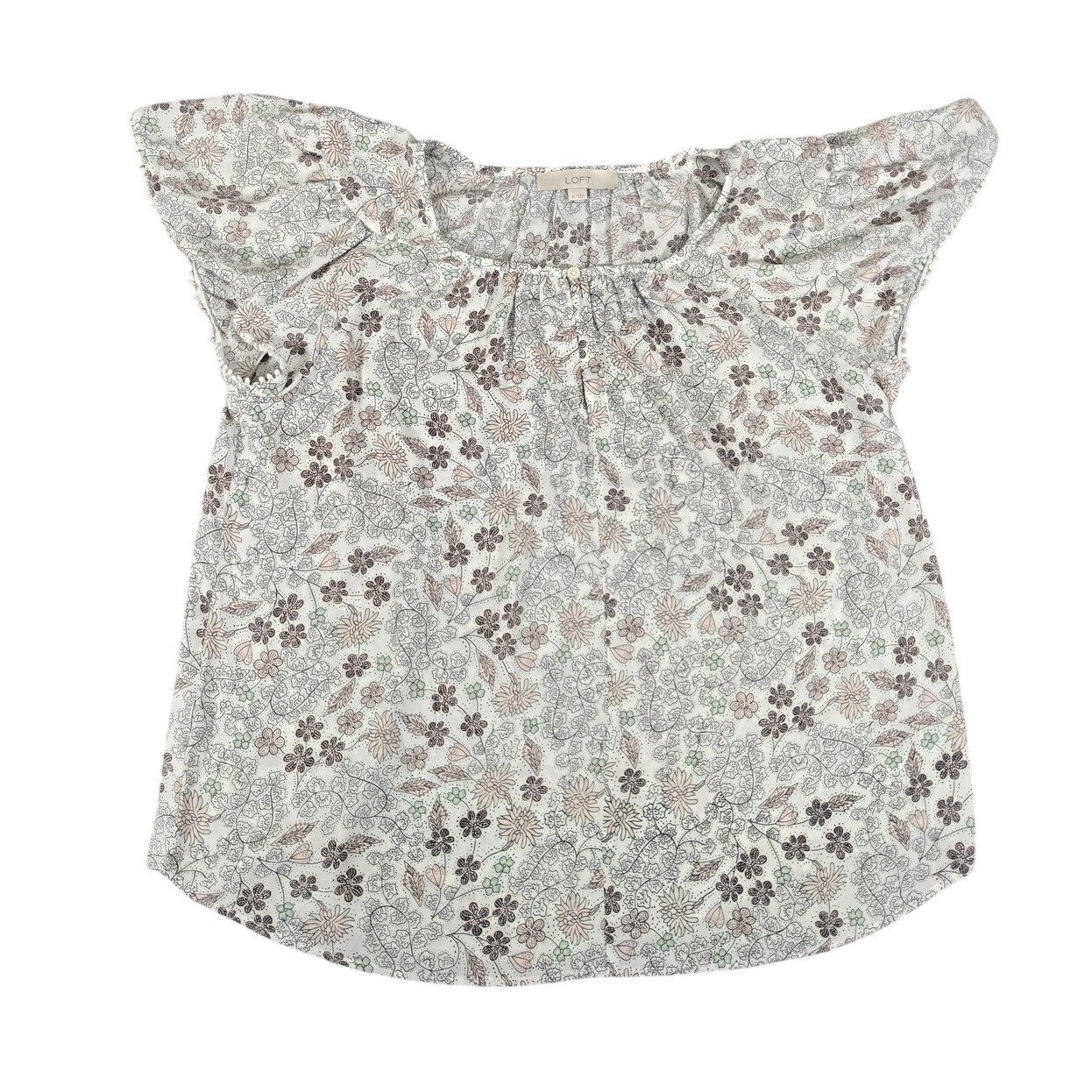 LOFT Womens Floral Paisley Flutter Sleeve Blouse White Grey Size M Pom Pom Trim