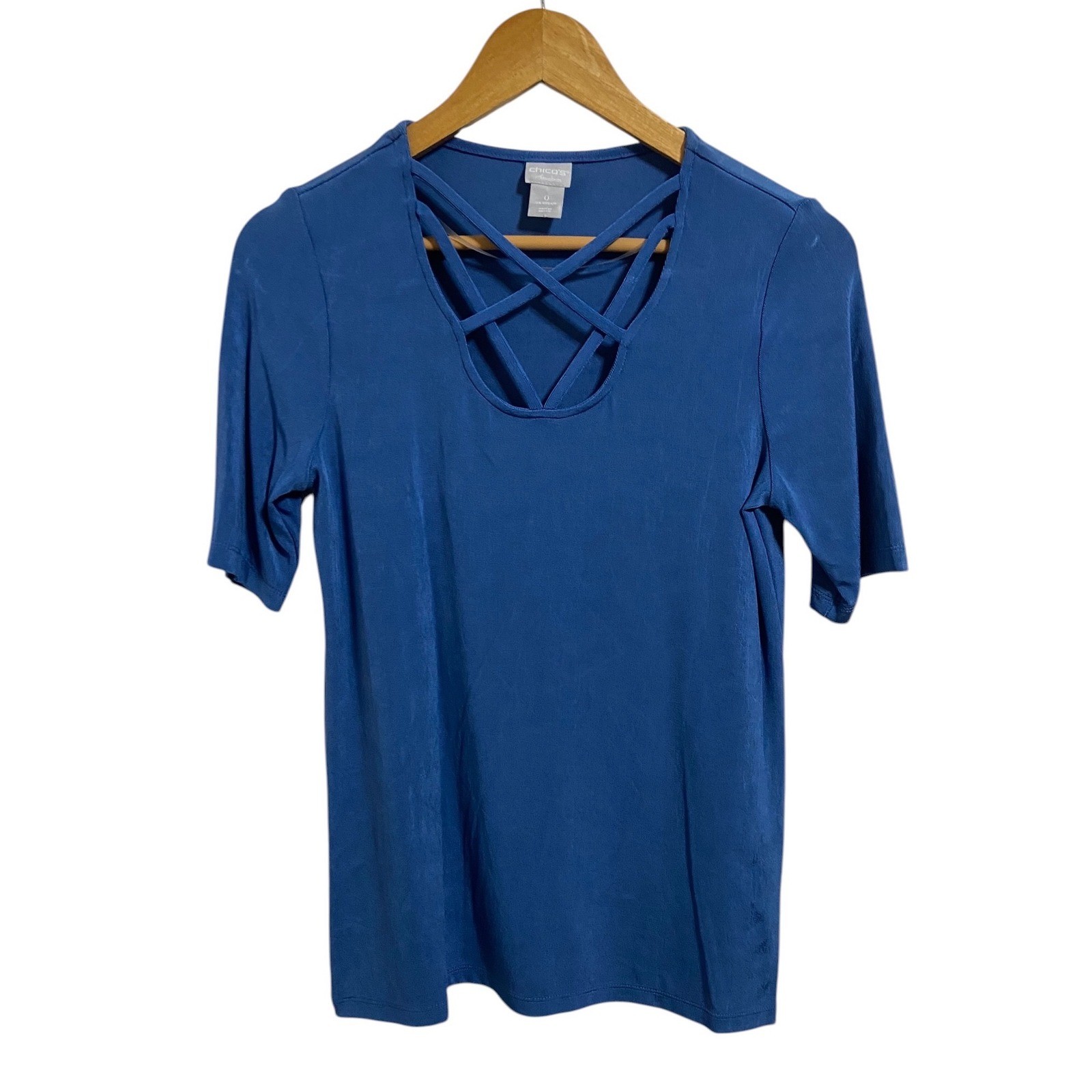 Chico’s Travelers Cobalt Blue Strappy Lattice Neck Slinky Top Career 0 US 4/6