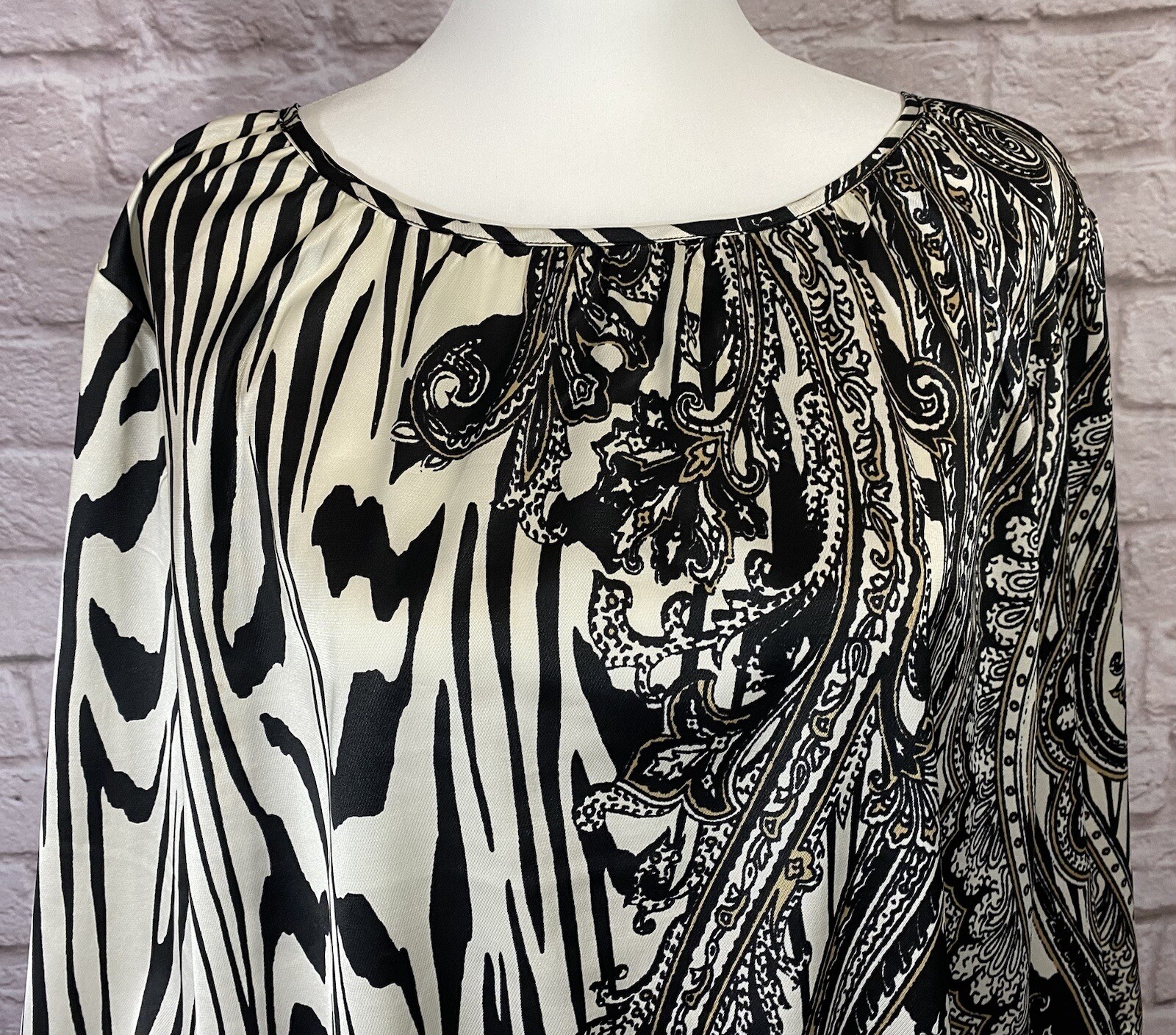 CHICOS 3 XL Blouson Top Satin Floral Scroll Print Ivory Black Tan Shirt EUC
