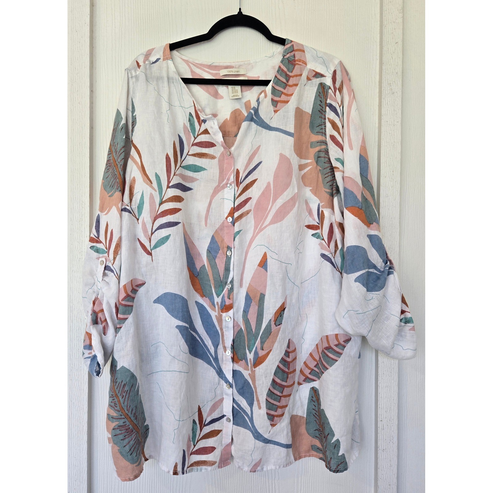 Cynthia Rowley 100% Linen Leaf Print Shirt Top 2X Coastal Vacation Lagenlook