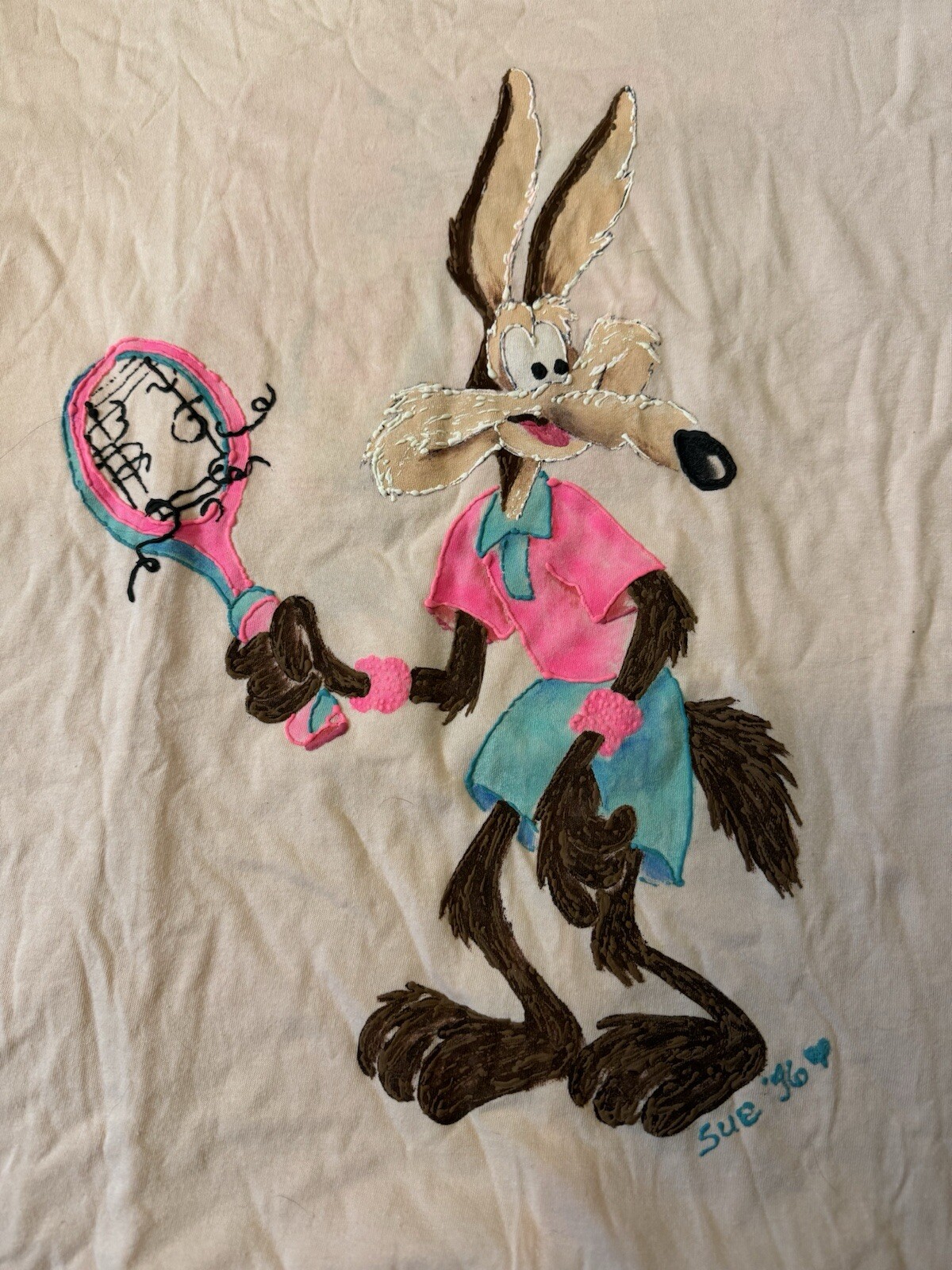 Vintage 90’s Shirt Sz L Wiley Coyote Roadrunner Hand Painted 100% Cotton
