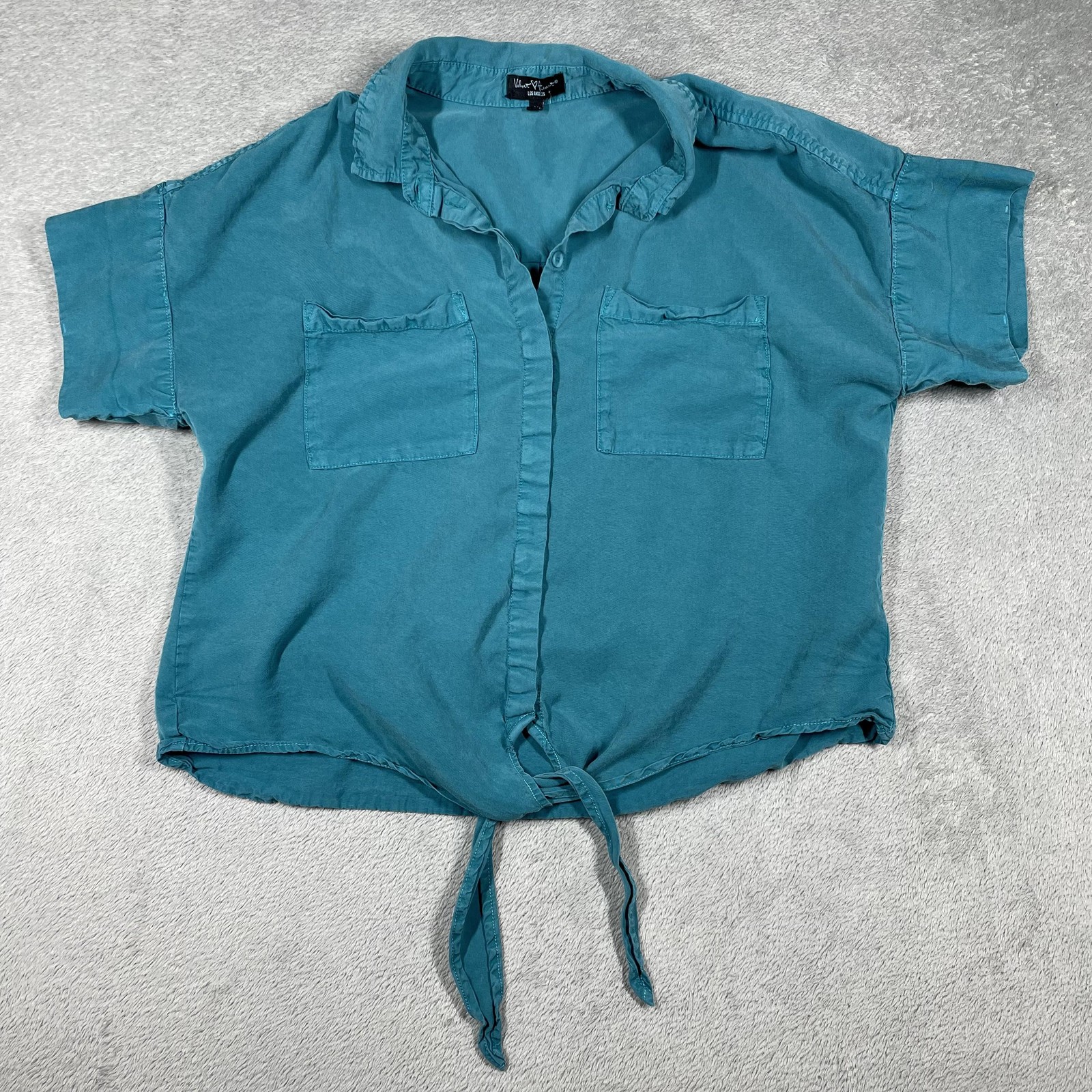 Velvet Heart Button-Up Womens M Blue Cropped Short Sleeve Tie Front Relaxed