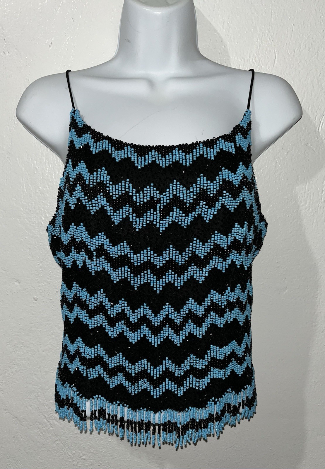 Vintage Beaded Camisole 80s Turquoise Black Chevron Fringe Spaghetti Y2K Sz L?