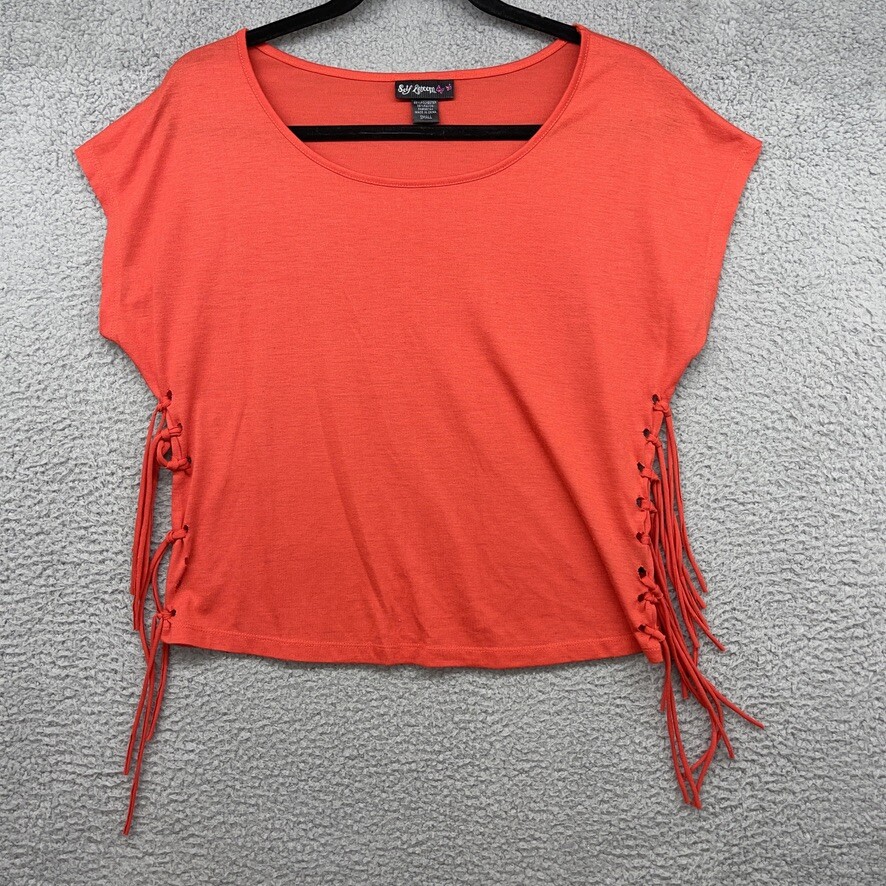 Self Esteem Womens Blouse Orange Short Sleeve Scoop Neck Side Strap Bow Size S