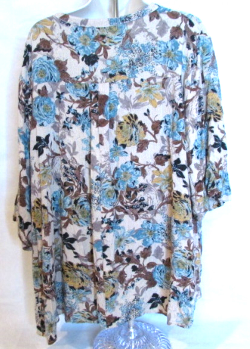 Women’s Beige Brown & Blue Floral Boho Tunic Blouse XL
