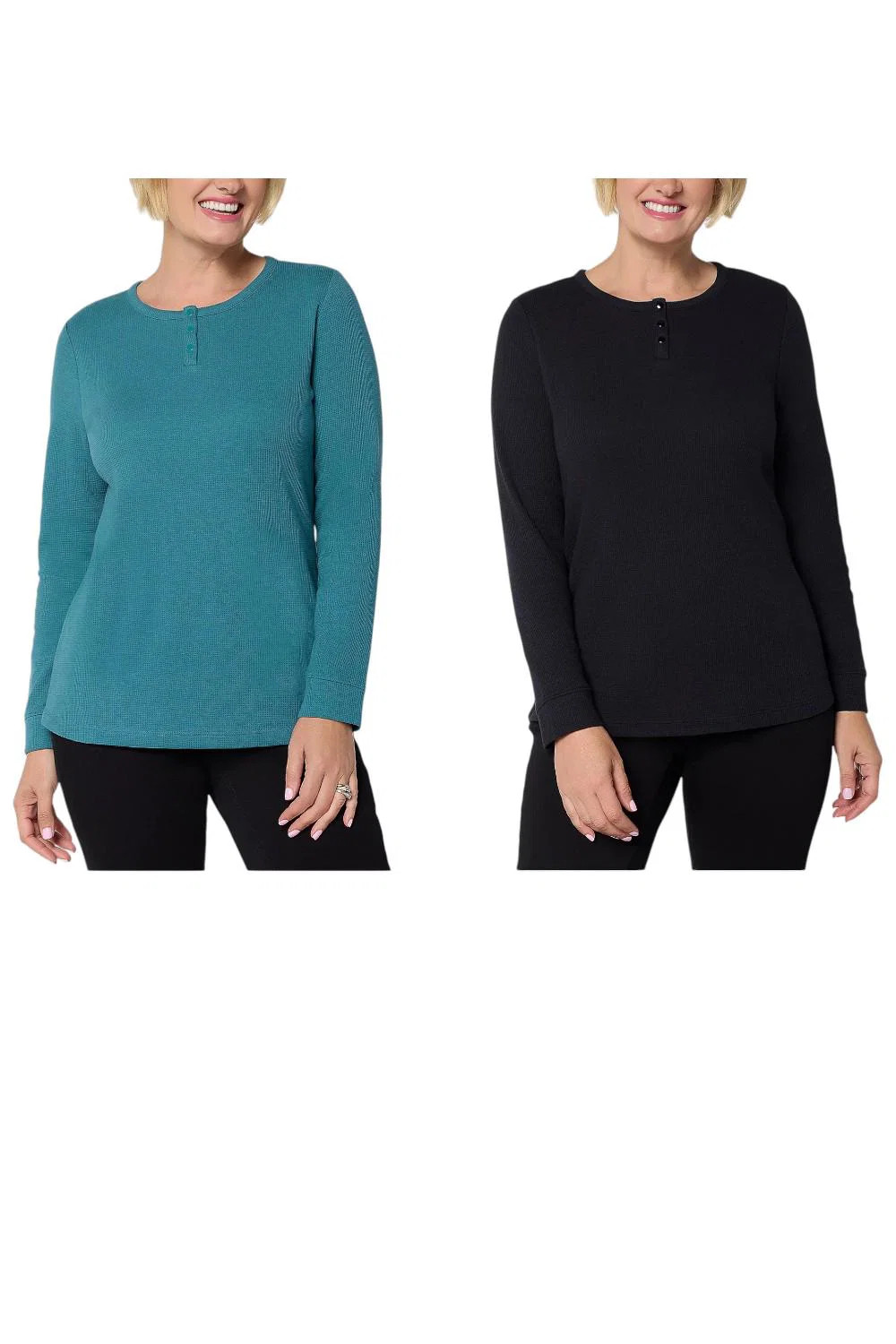 Denim & Co. Women’s 2pk Waffle Knit Henley Tops Black/Peacock