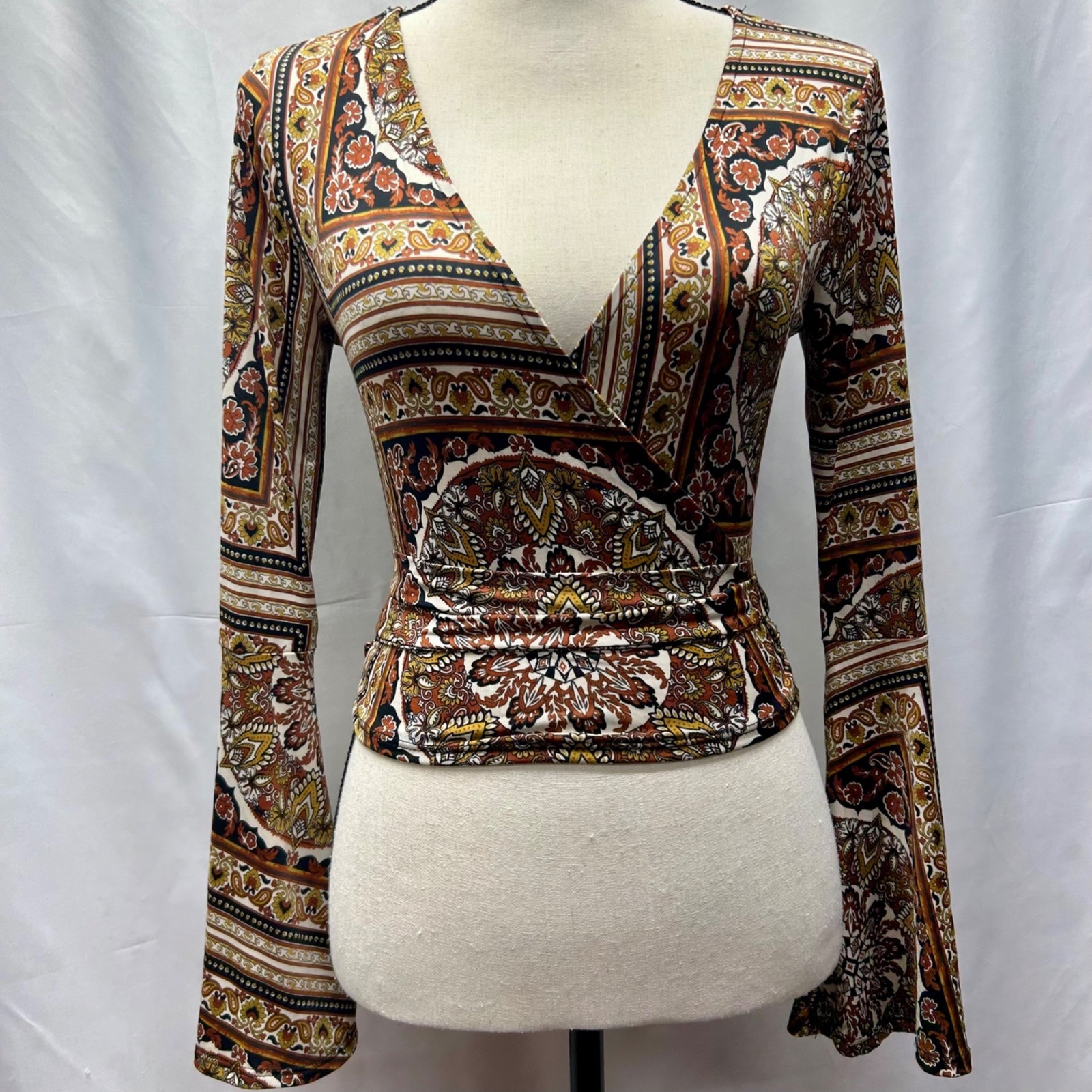 Boho Paisley Print Wrap Top With Bell Sleeves & Tie Back By Windsor S