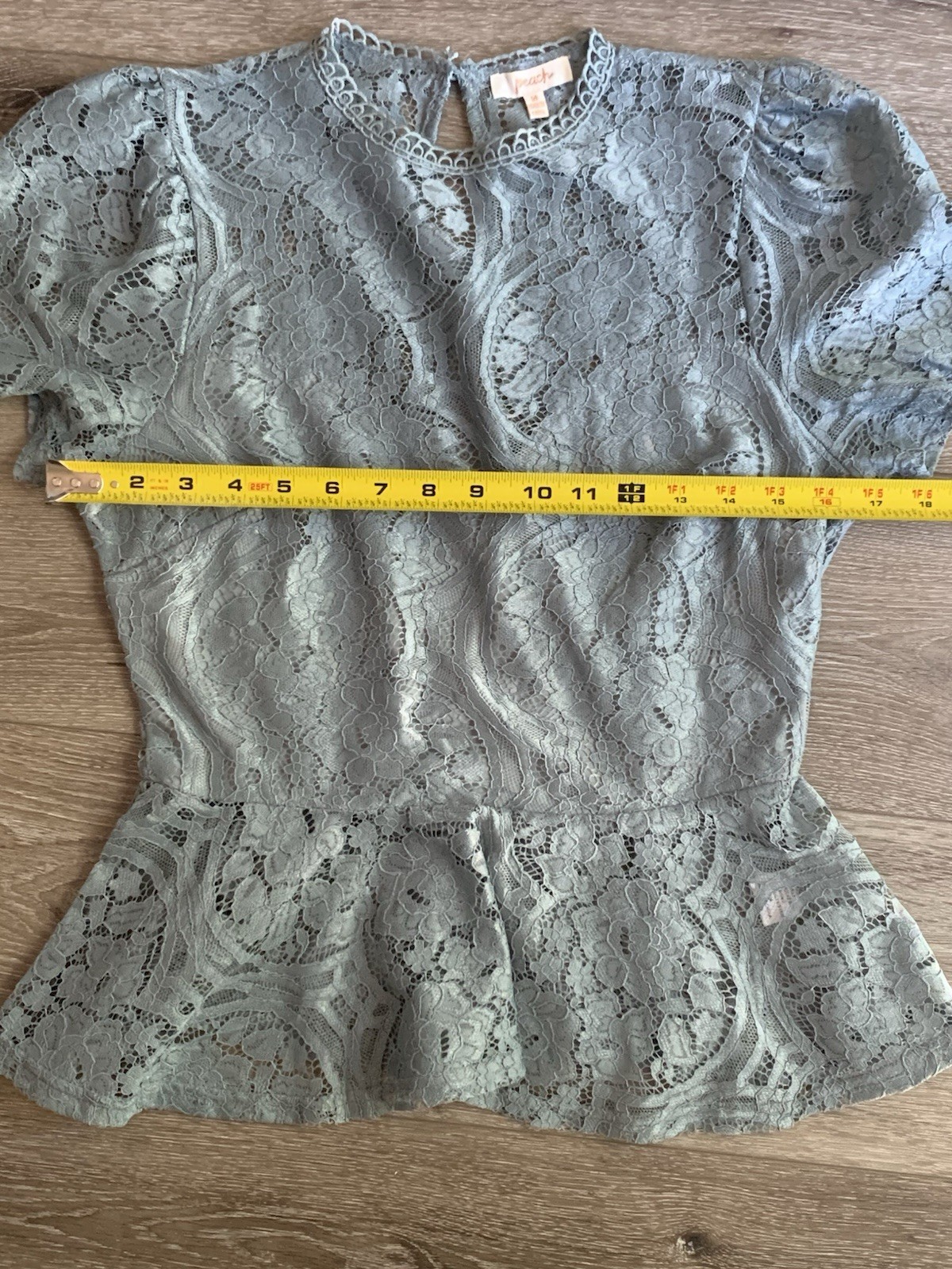 PEACH Womens Size Medium Blouse Shadow Green Lace Cinched Waist Short Sleeve