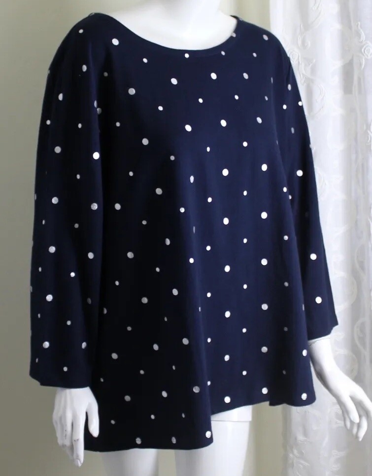 New Talbots Sz 3X Darkest Navy Metallic Gray Cotton Knit Blouse Shirt Top Lux