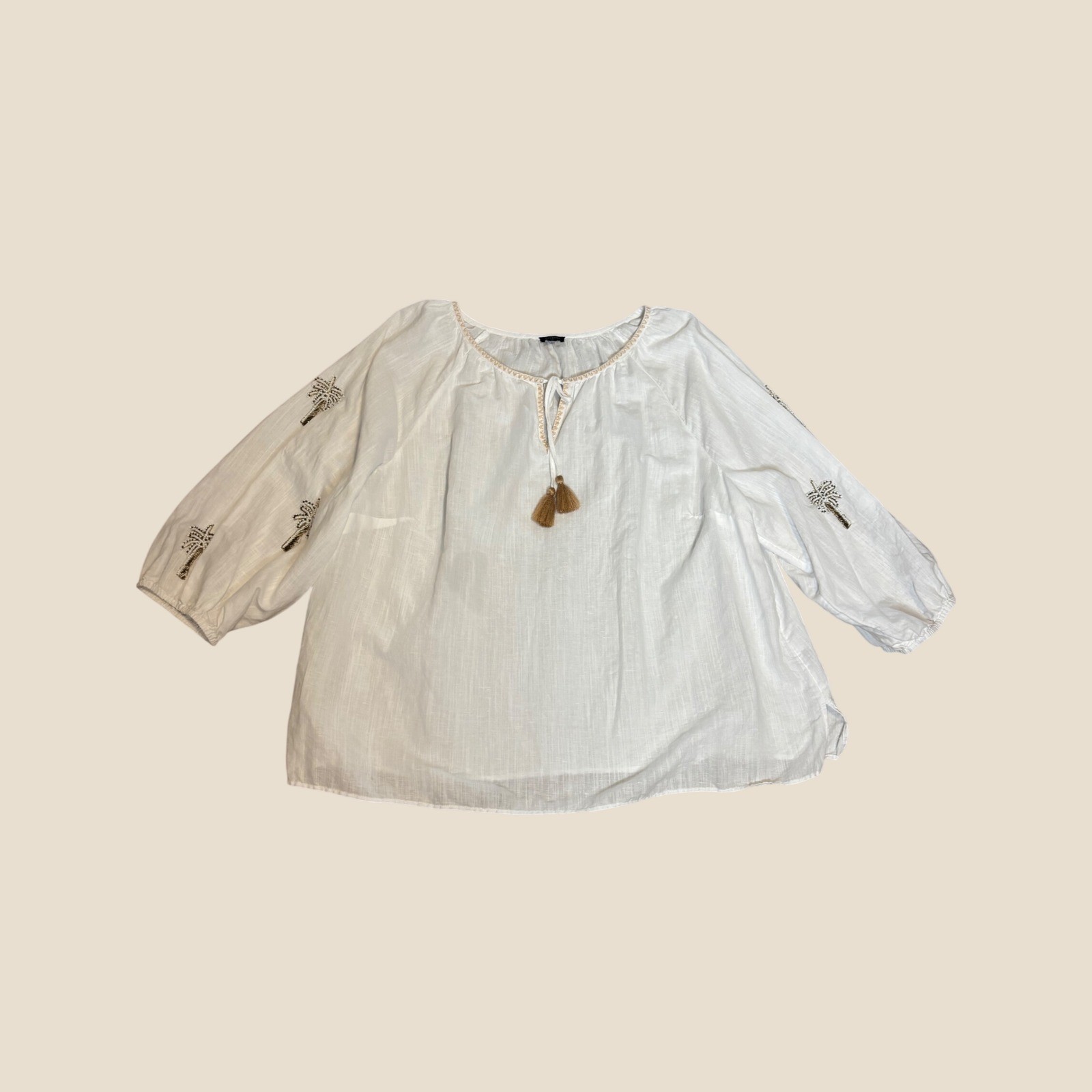 Talbots Plus Womens White Linen blend Beaded Palm Tree Tassel Peasant Top 3X
