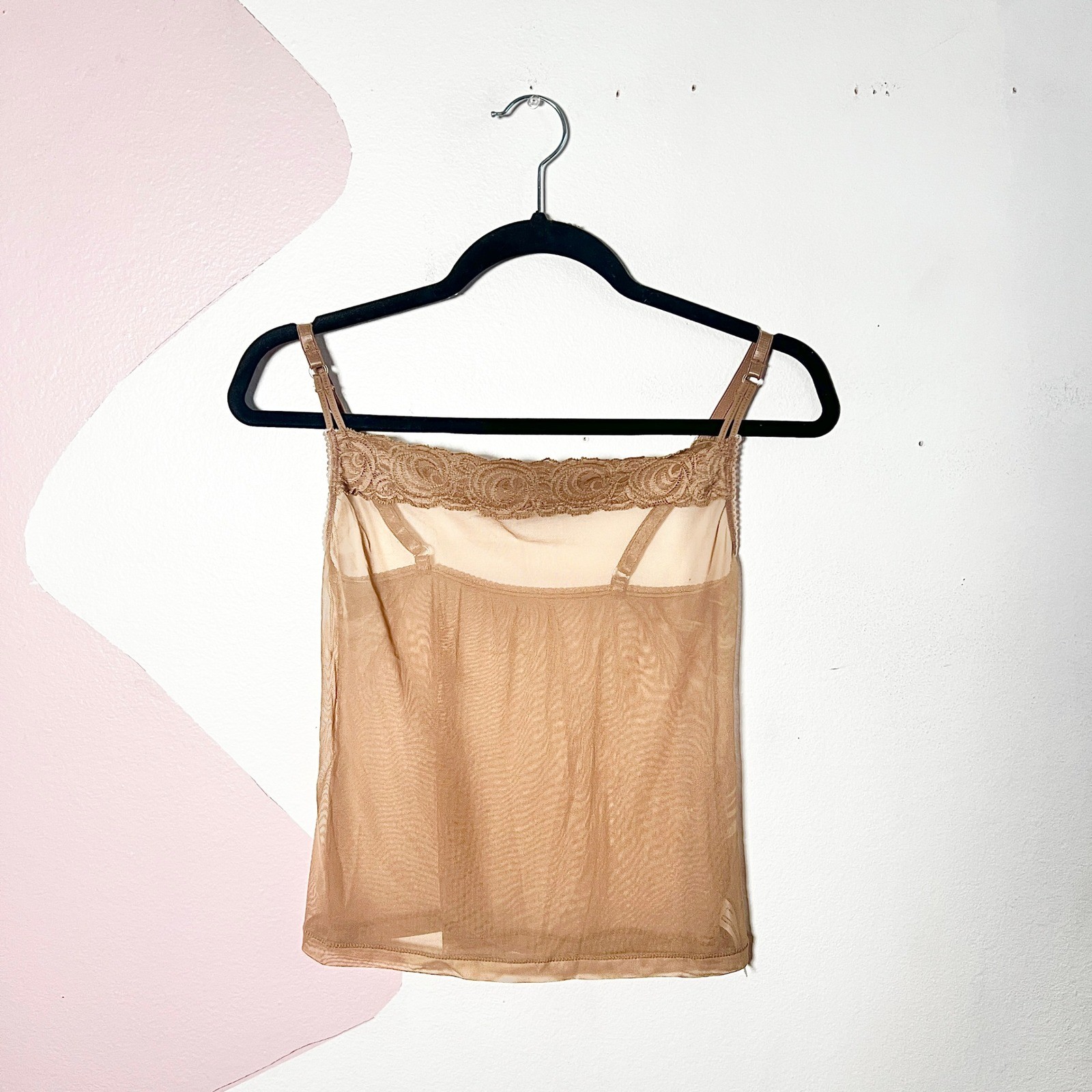 Vtg Y2K Lace Trim Cami Top Large Nude Tan Mesh Sheer Fairy Dainty