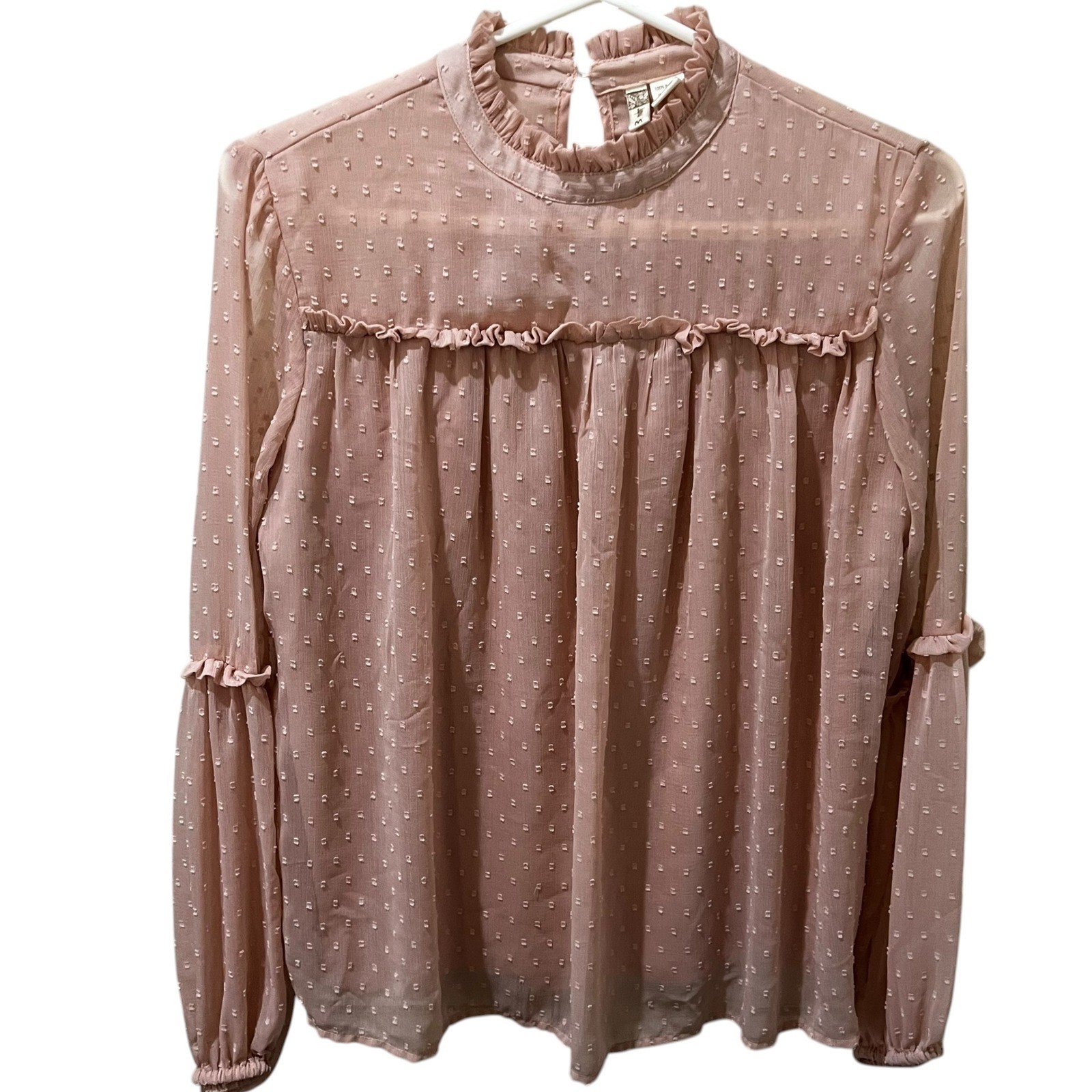 Japna Blush Pink Sheer High Neck Textured Blouse Women’s Size Medium Classy